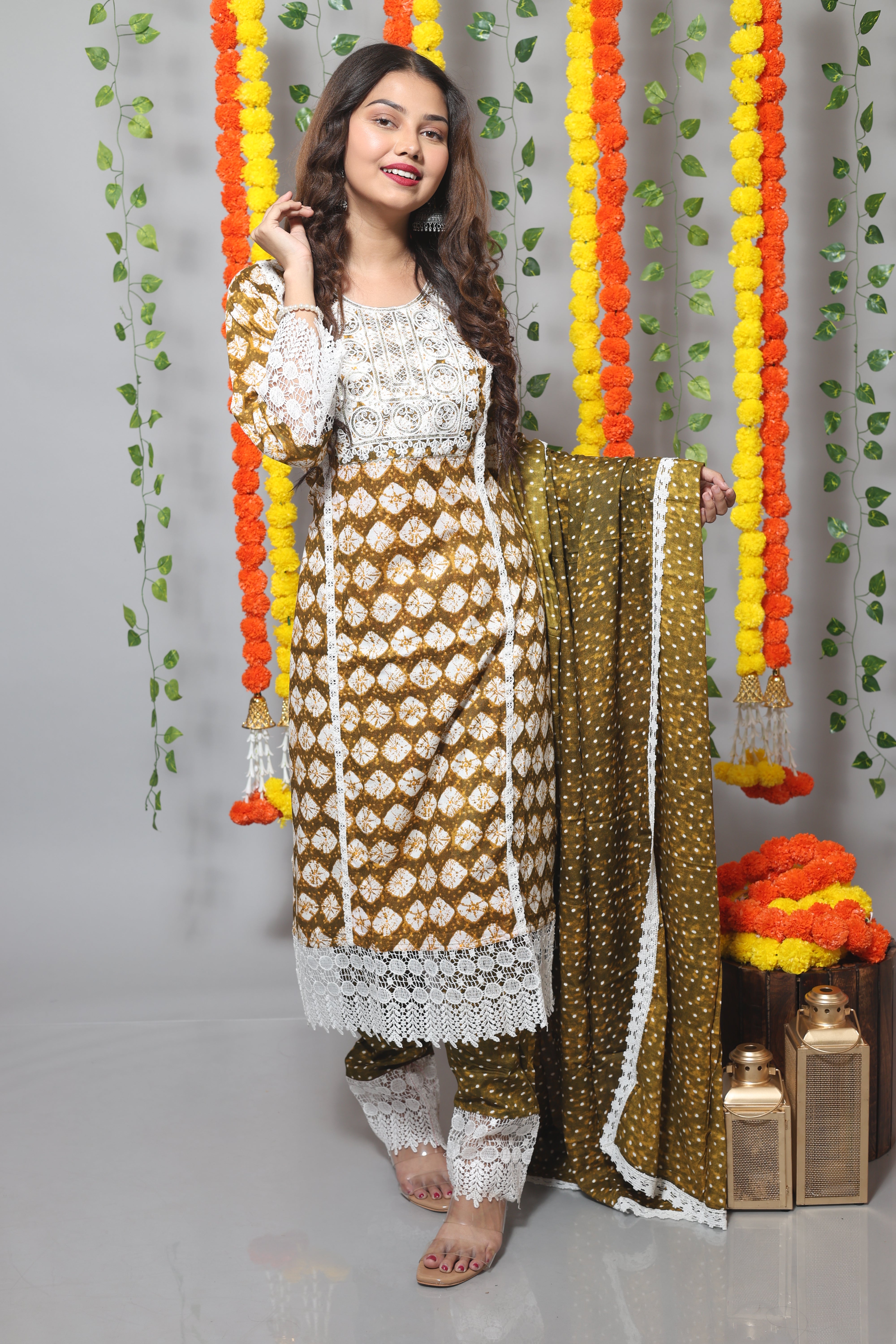 Olive Floral Print Cotton Afghani Suit Set