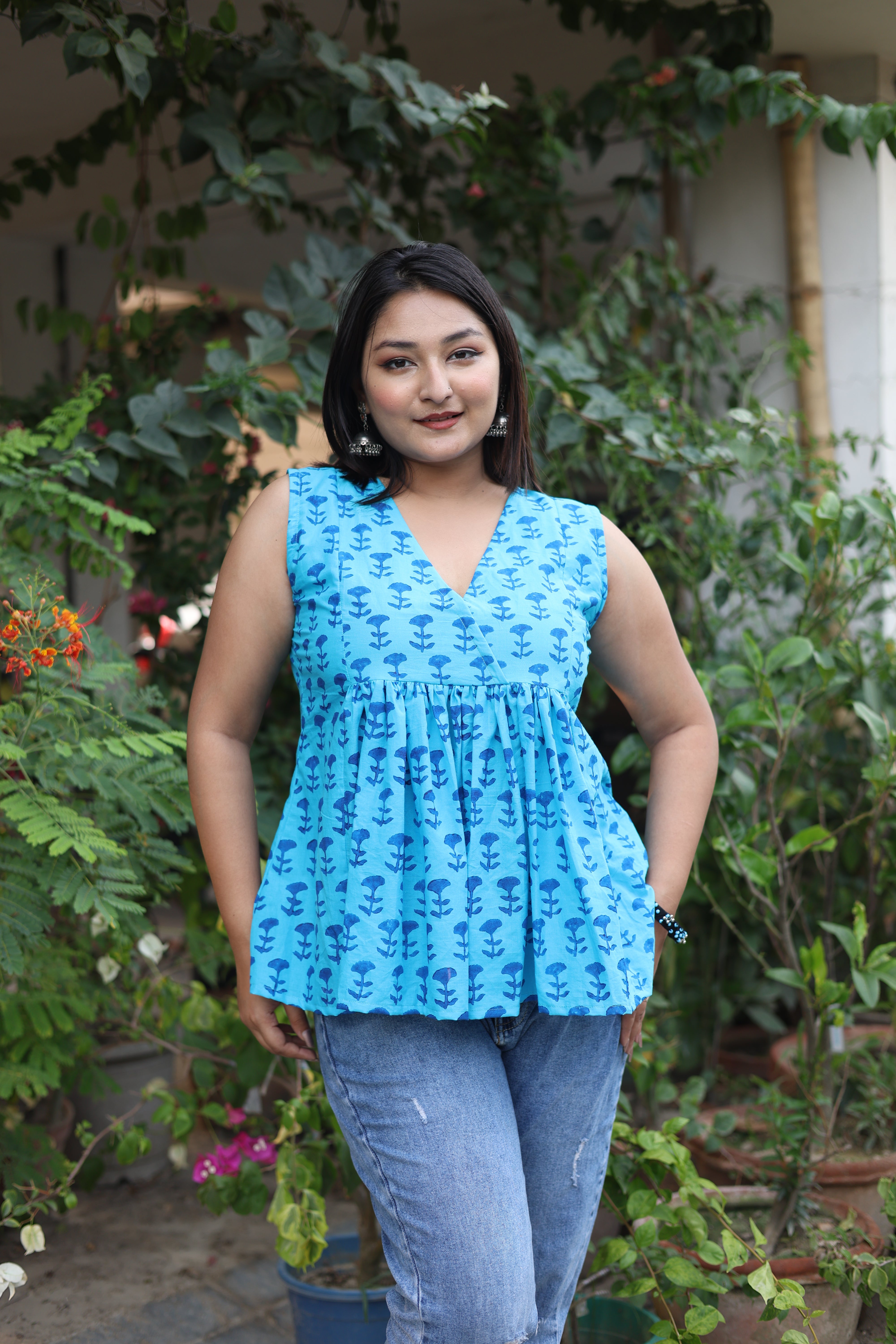 Blue Color Hand Block Print Cotton Tops