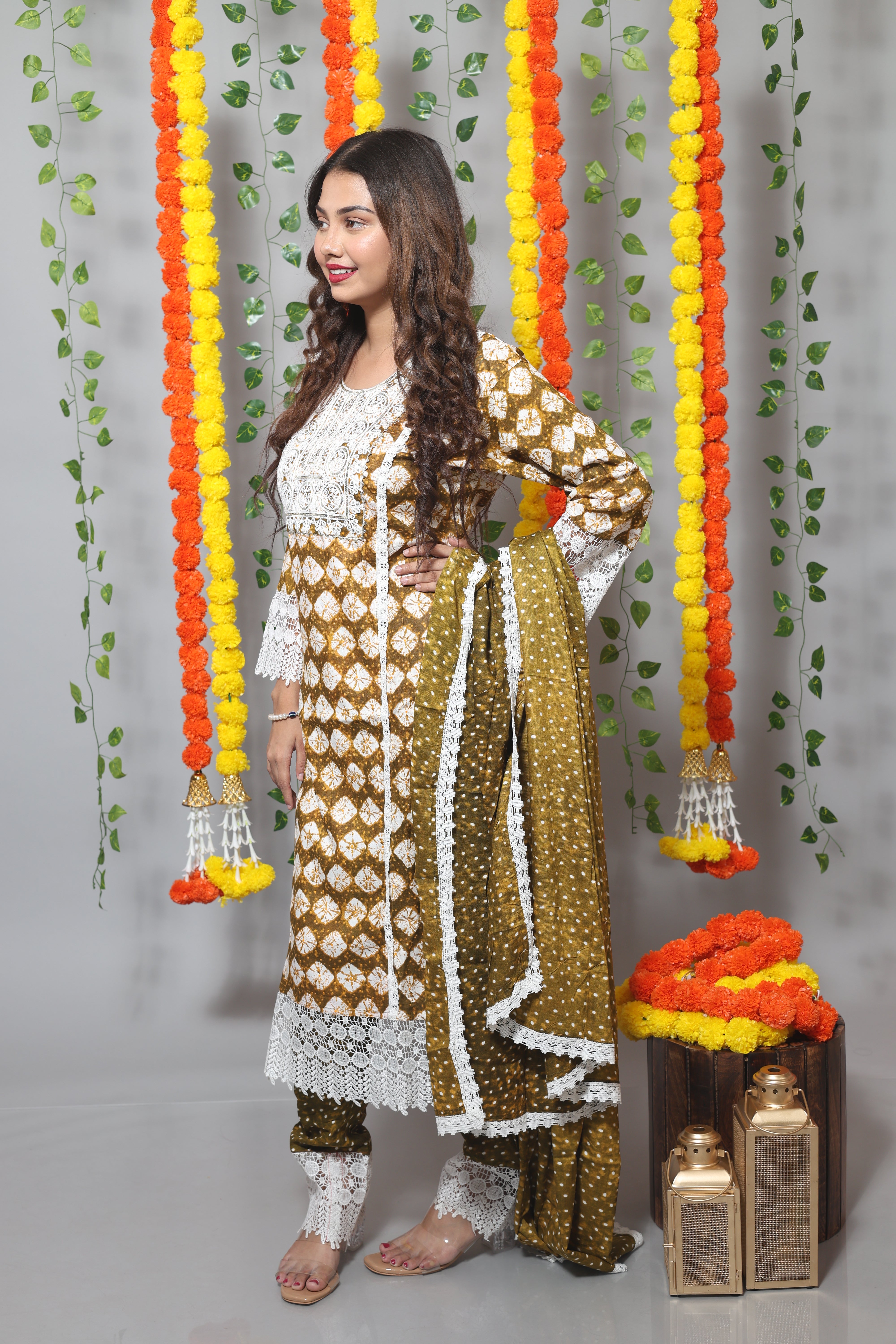 Olive Floral Print Cotton Afghani Suit Set