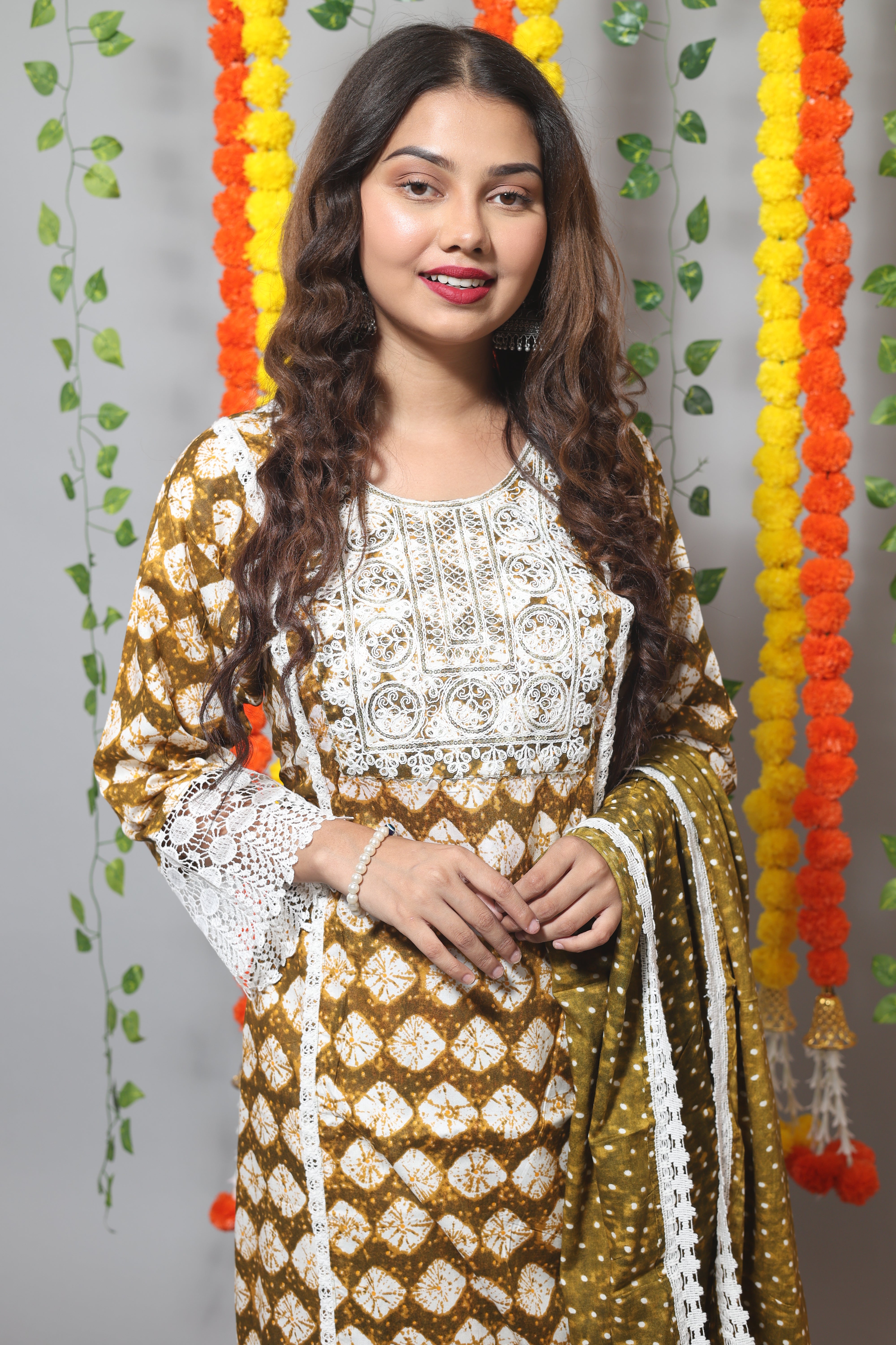 Olive Floral Print Cotton Afghani Suit Set