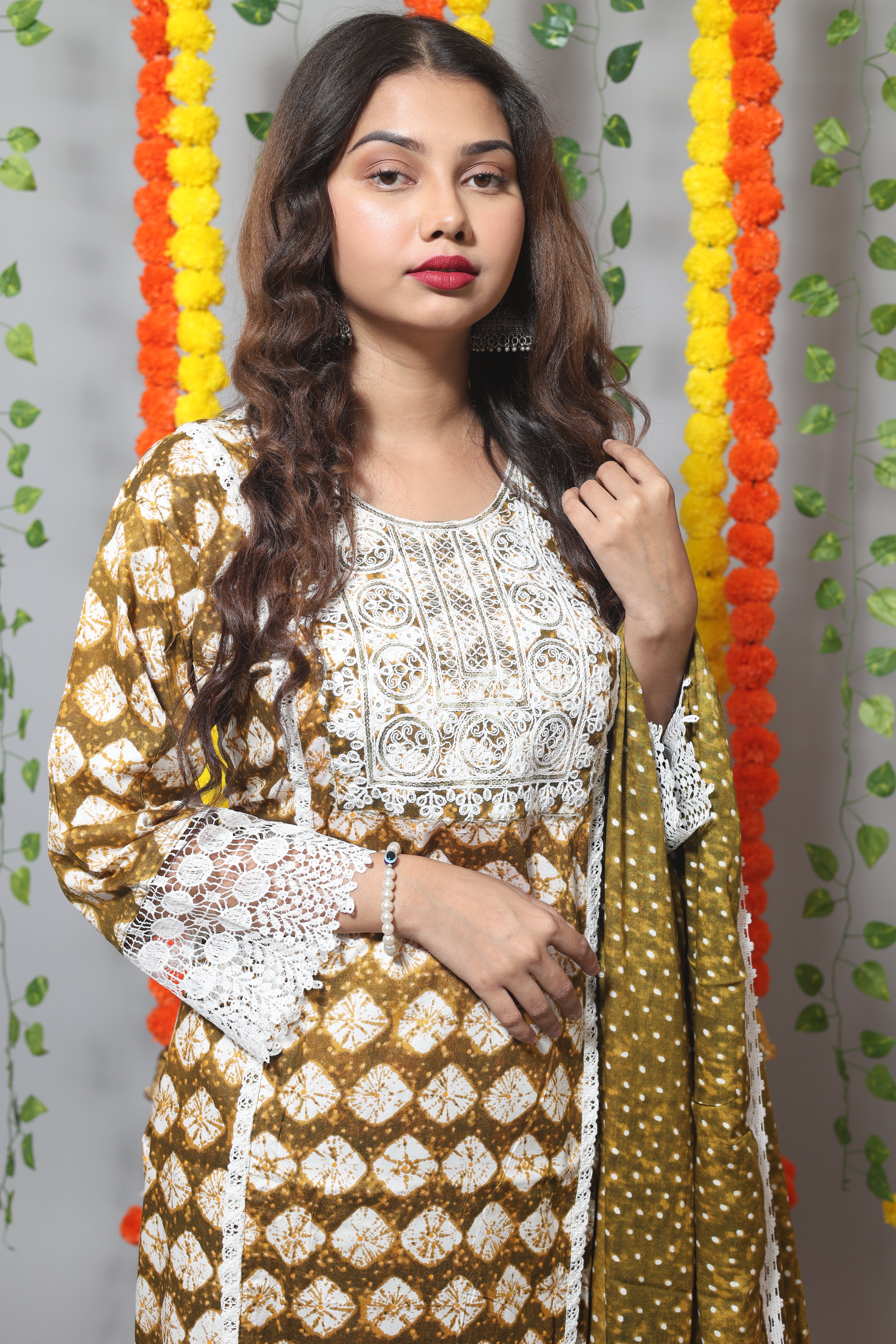 Olive Floral Print Cotton Afghani Suit Set