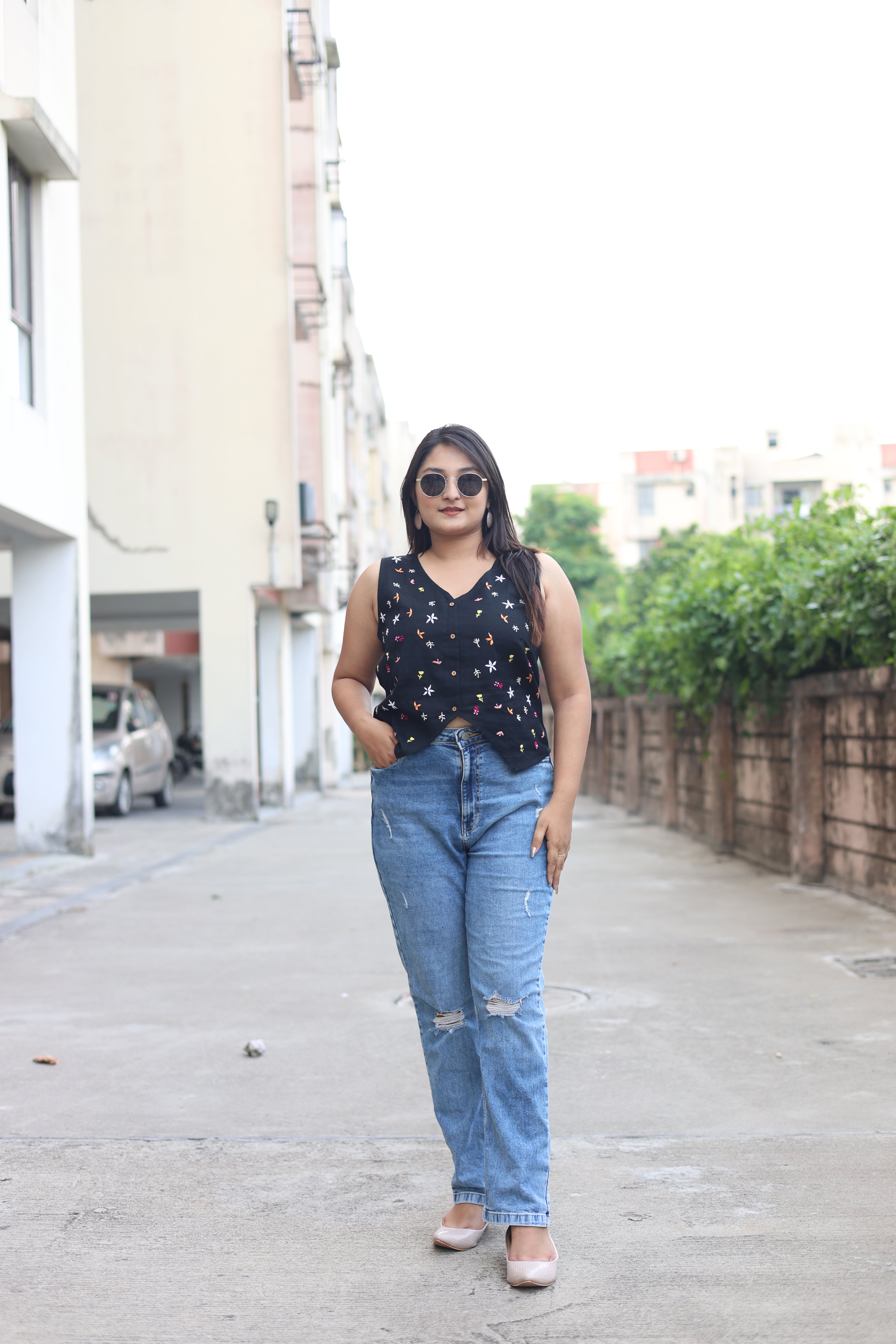 Black Hand Embroidered Waist Coat Top