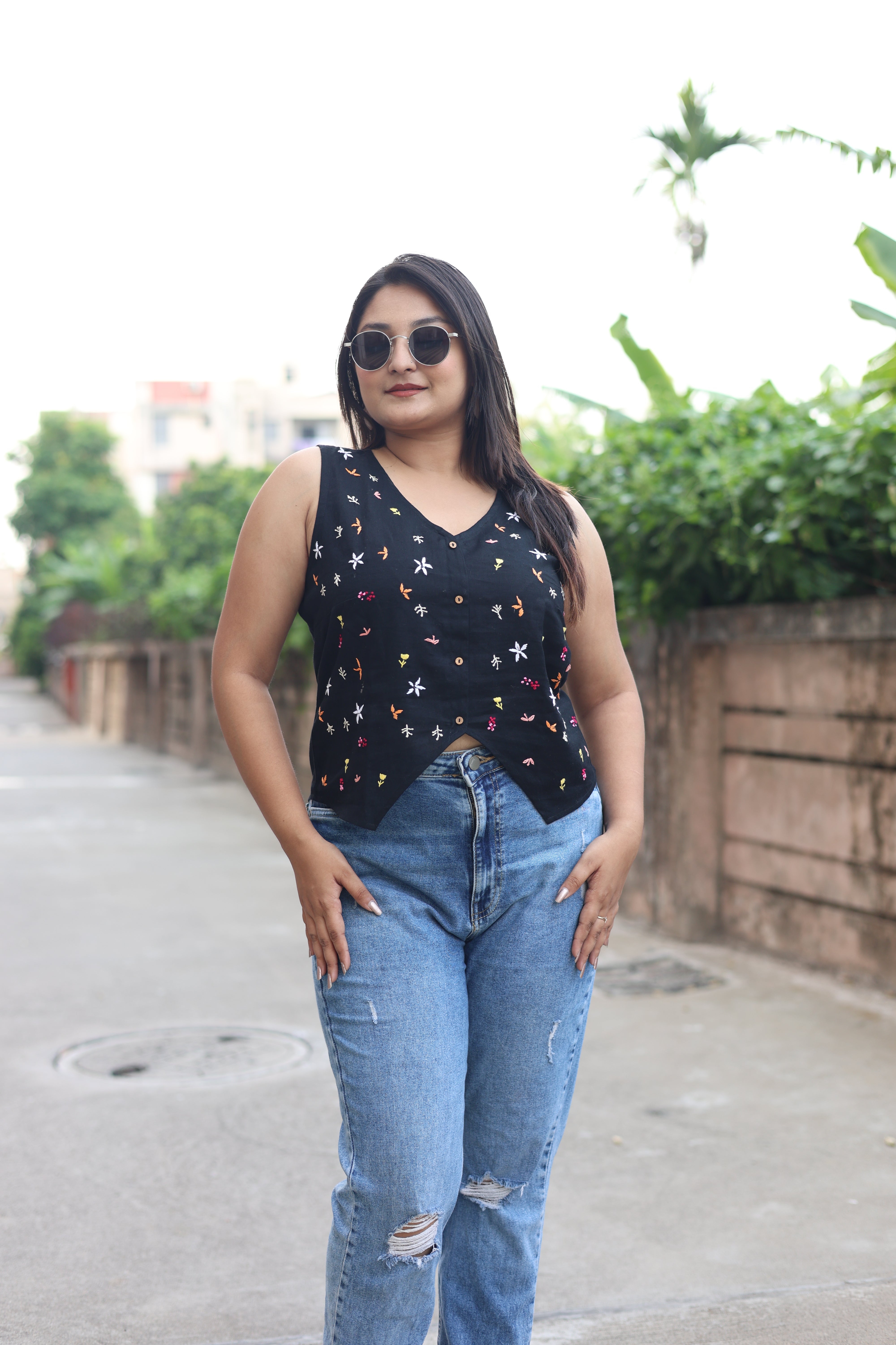 Black Hand Embroidered Waist Coat Top