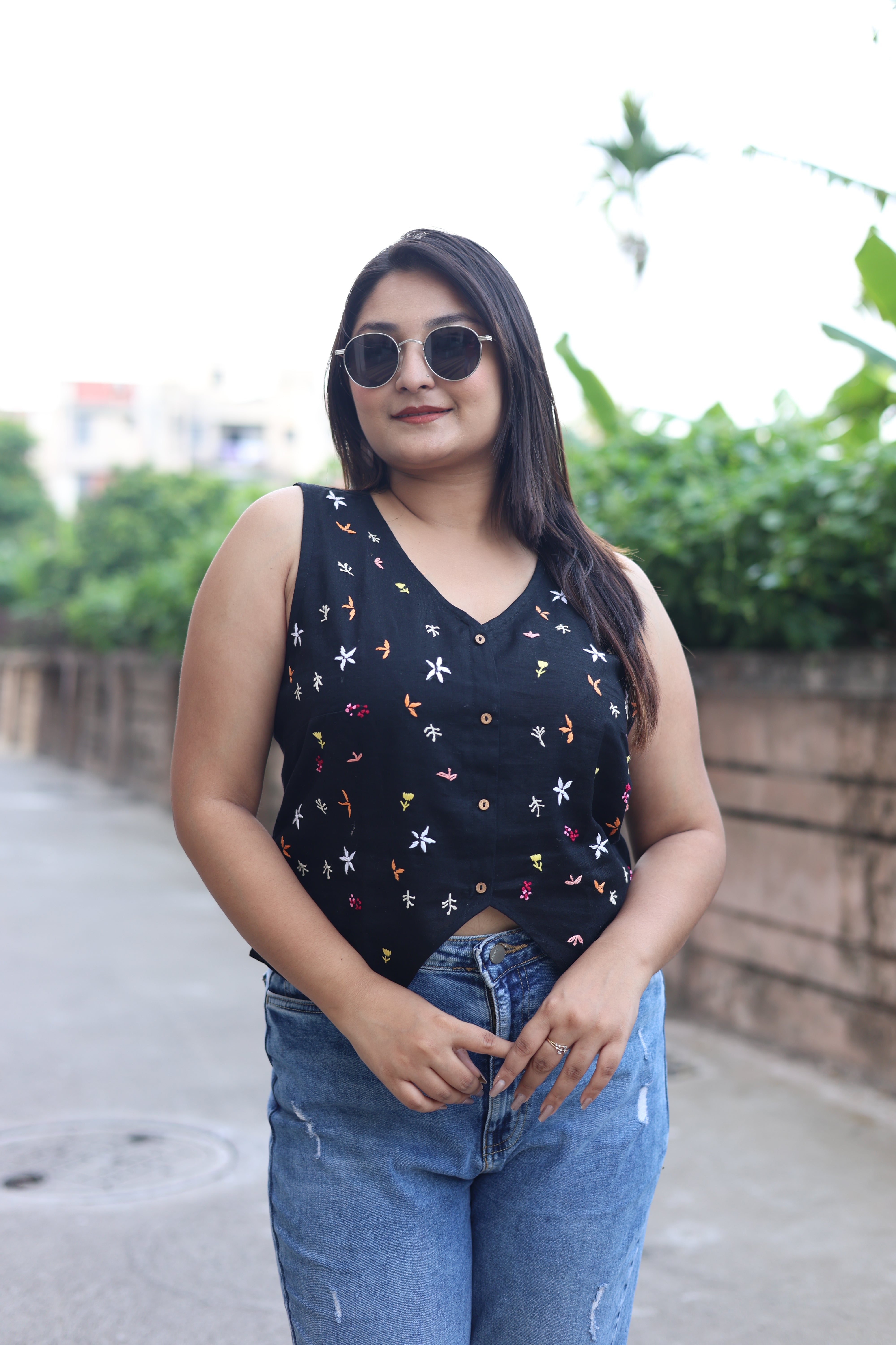 Black Hand Embroidered Waist Coat Top