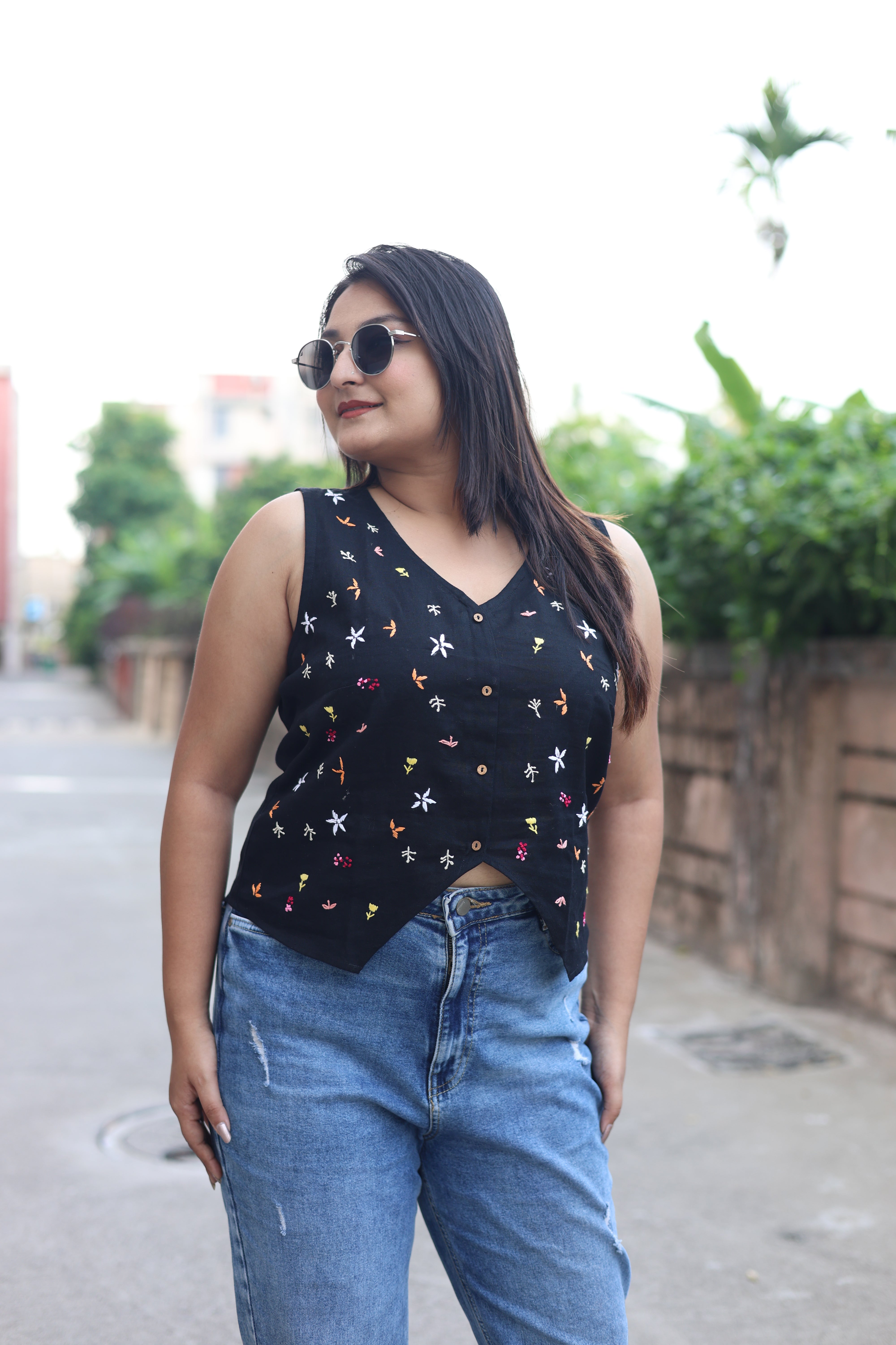 Black Hand Embroidered Waist Coat Top