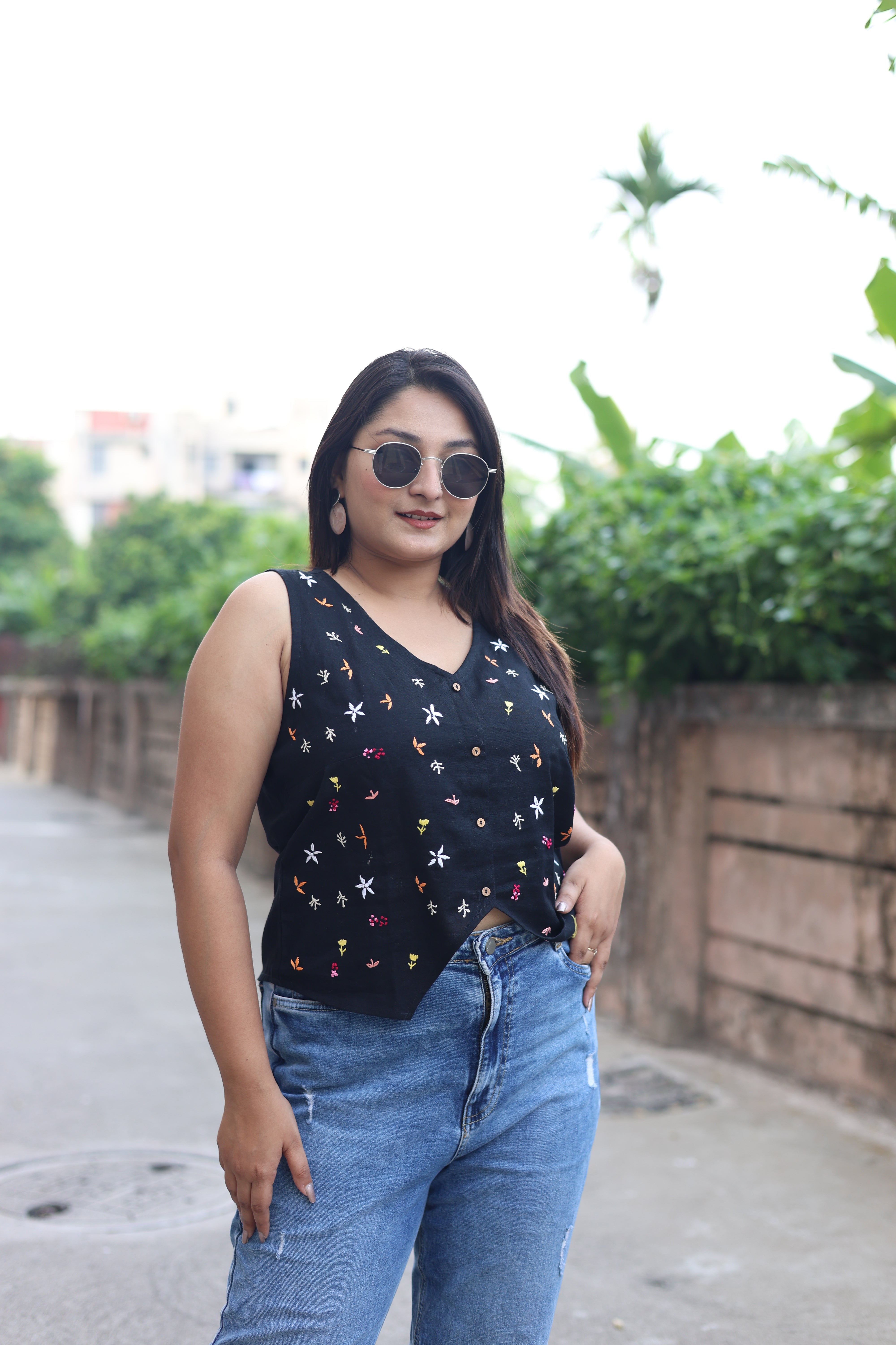 Black Hand Embroidered Waist Coat Top