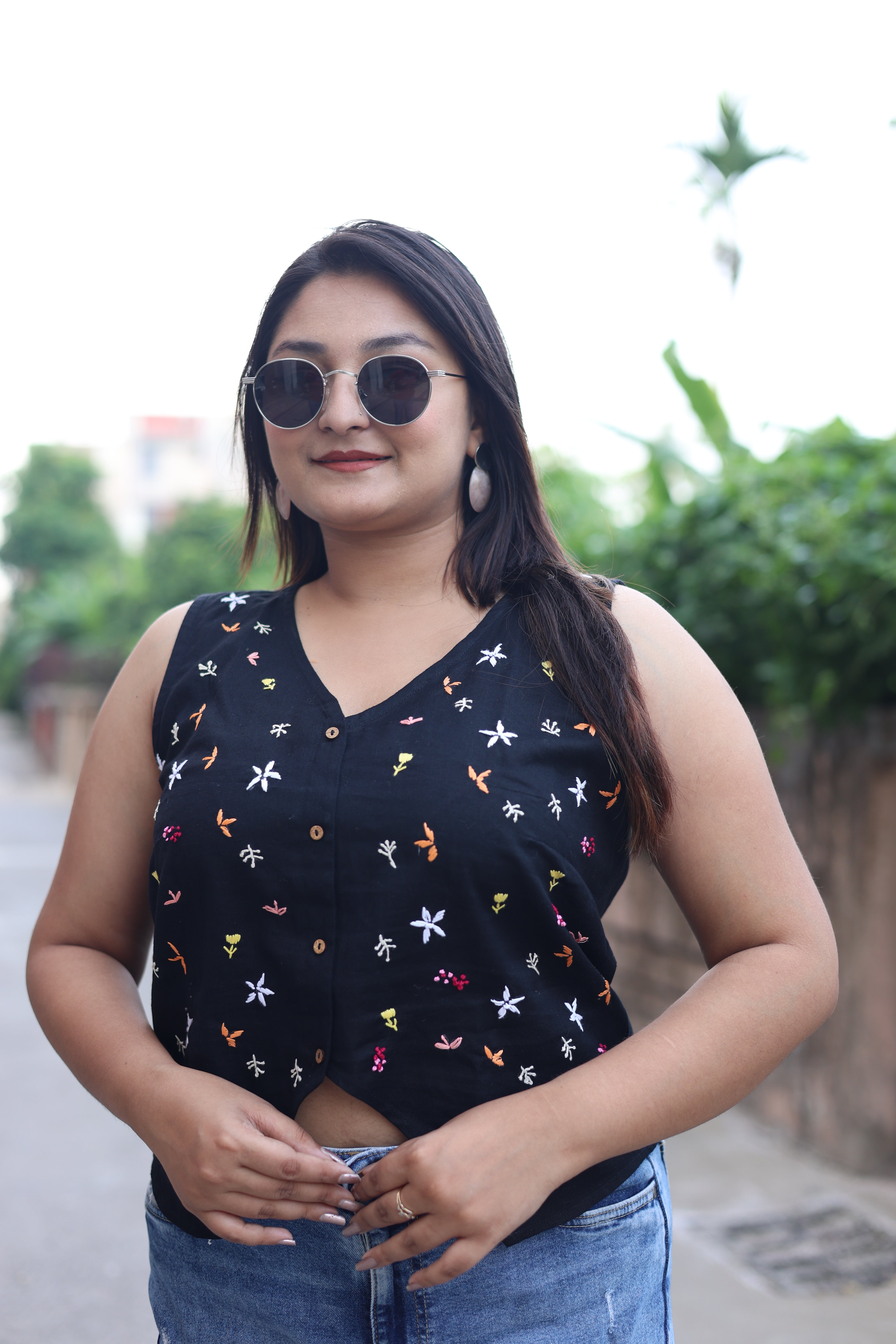 Black Hand Embroidered Waist Coat Top