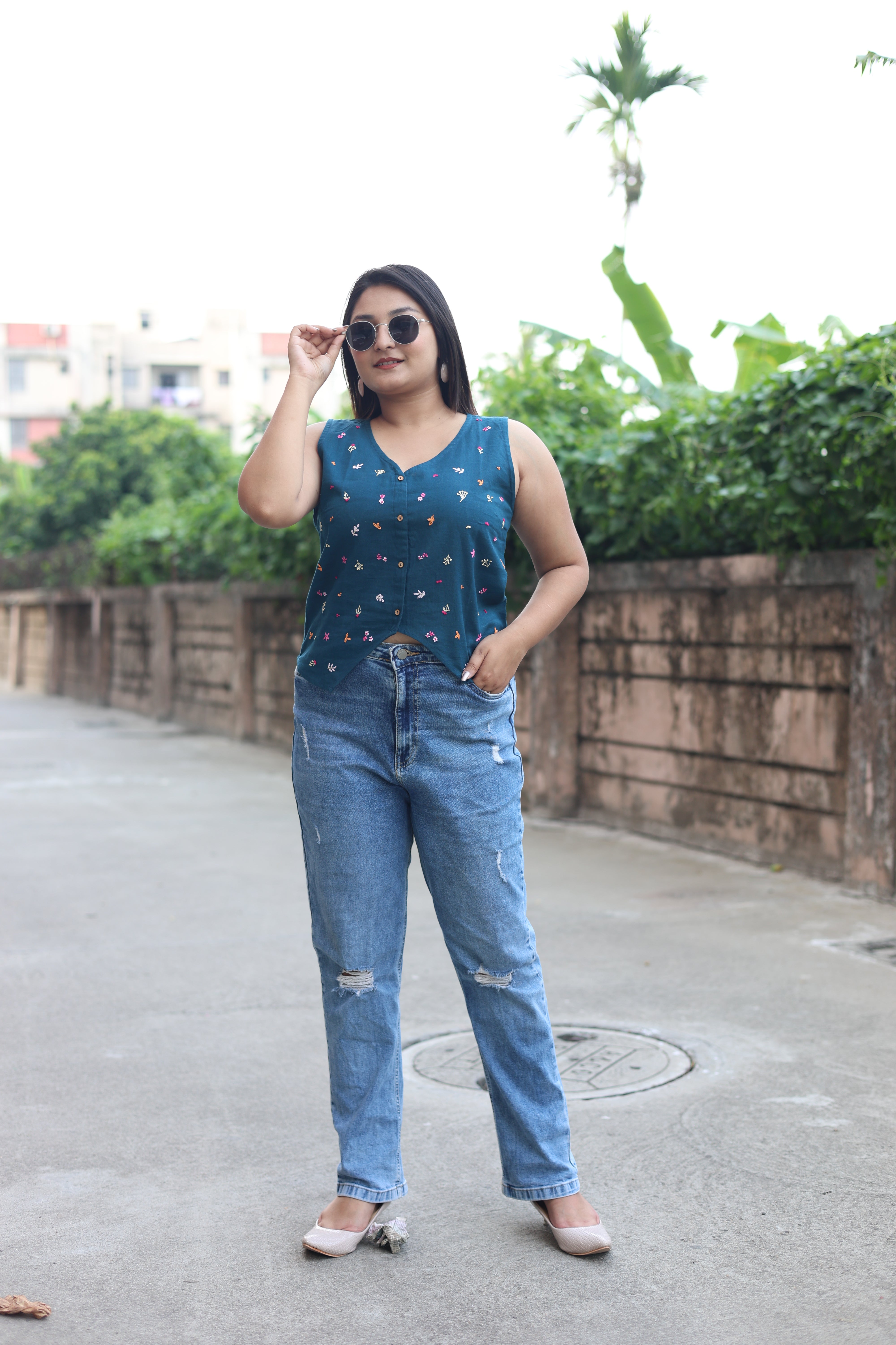 Cotton Hand Embroidered Waist Coat Top