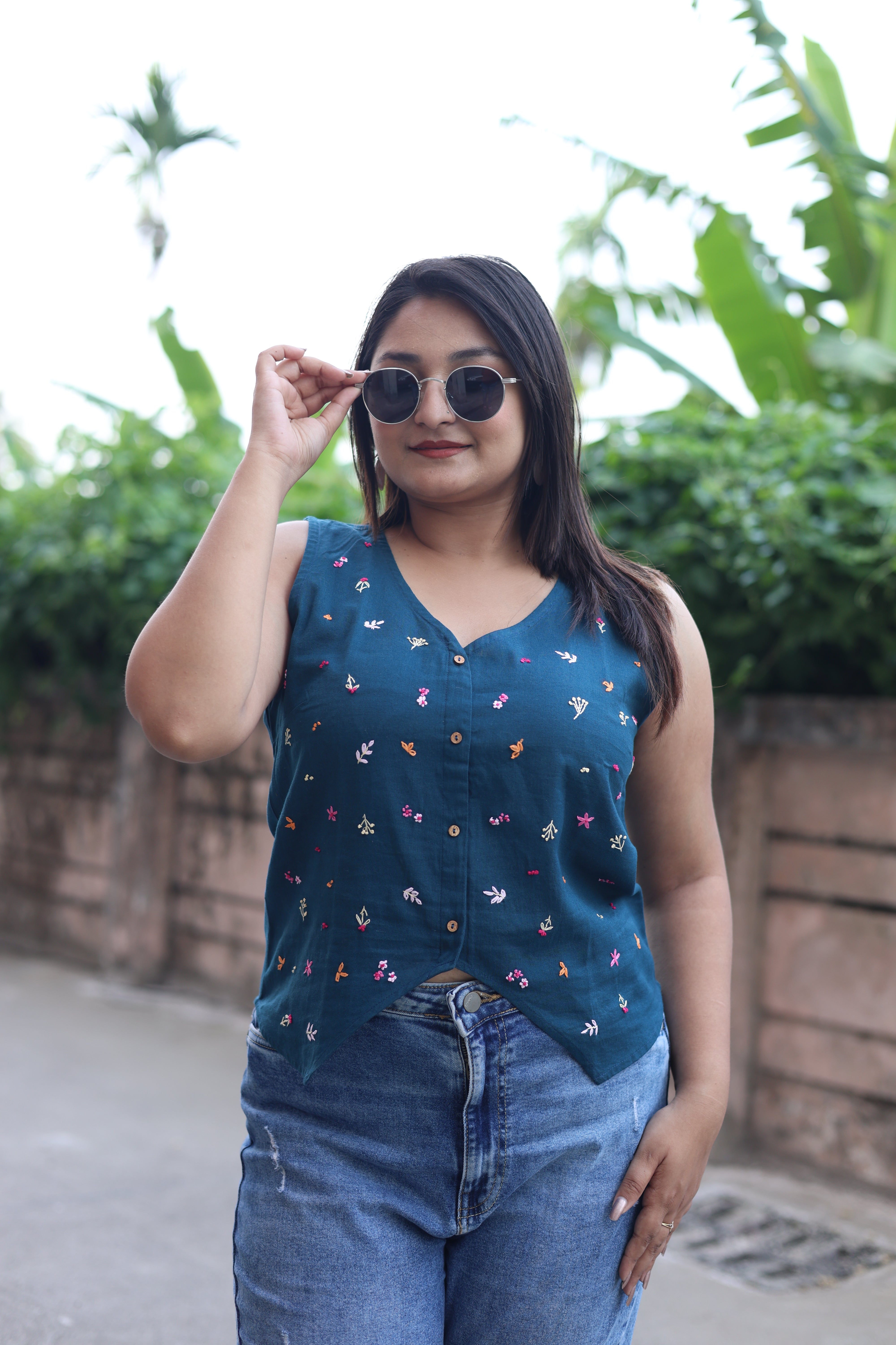 Cotton Hand Embroidered Waist Coat Top