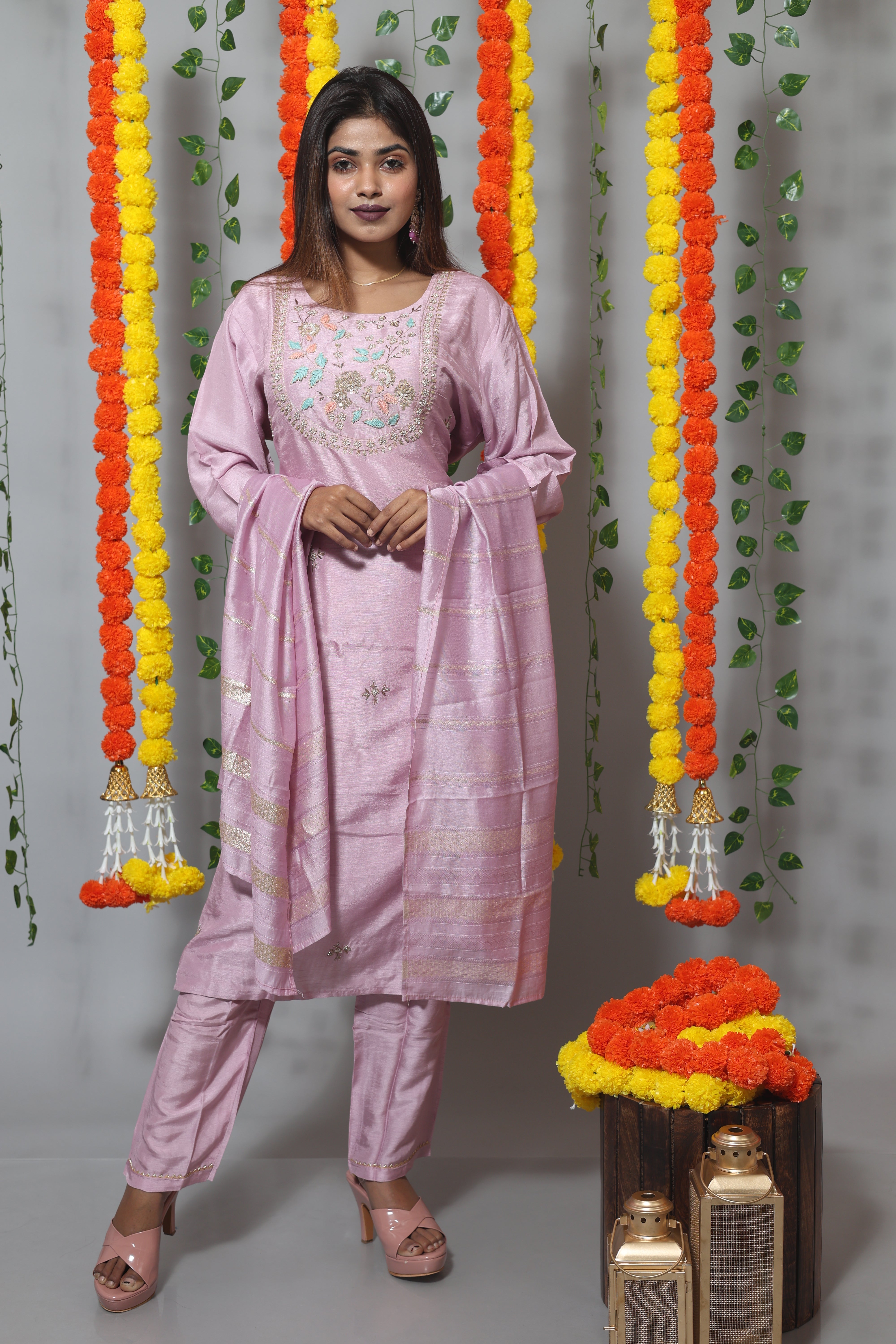 Lilac Dola Silk Handwork Suit Set
