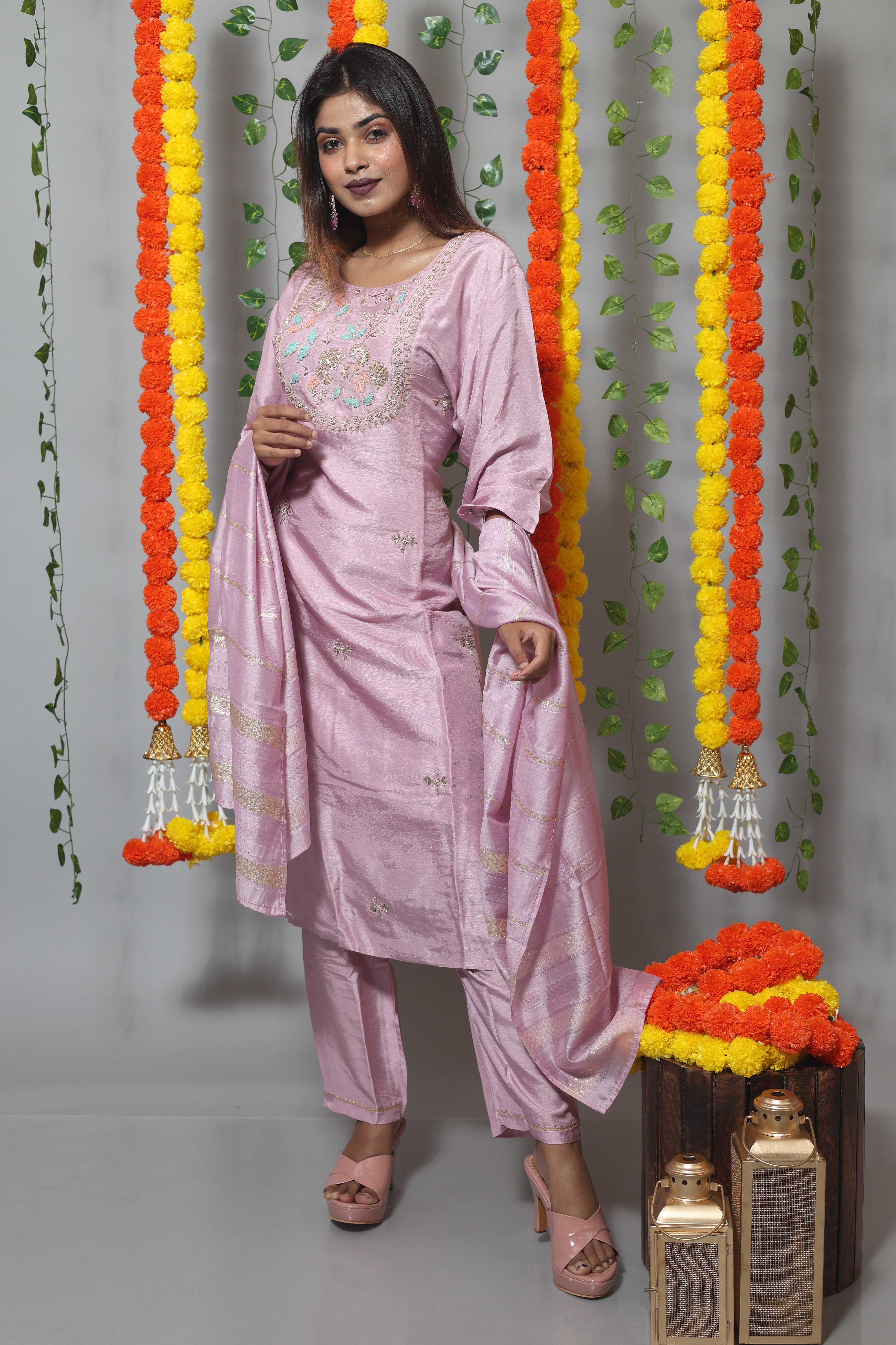 Lilac Dola Silk Handwork Suit Set