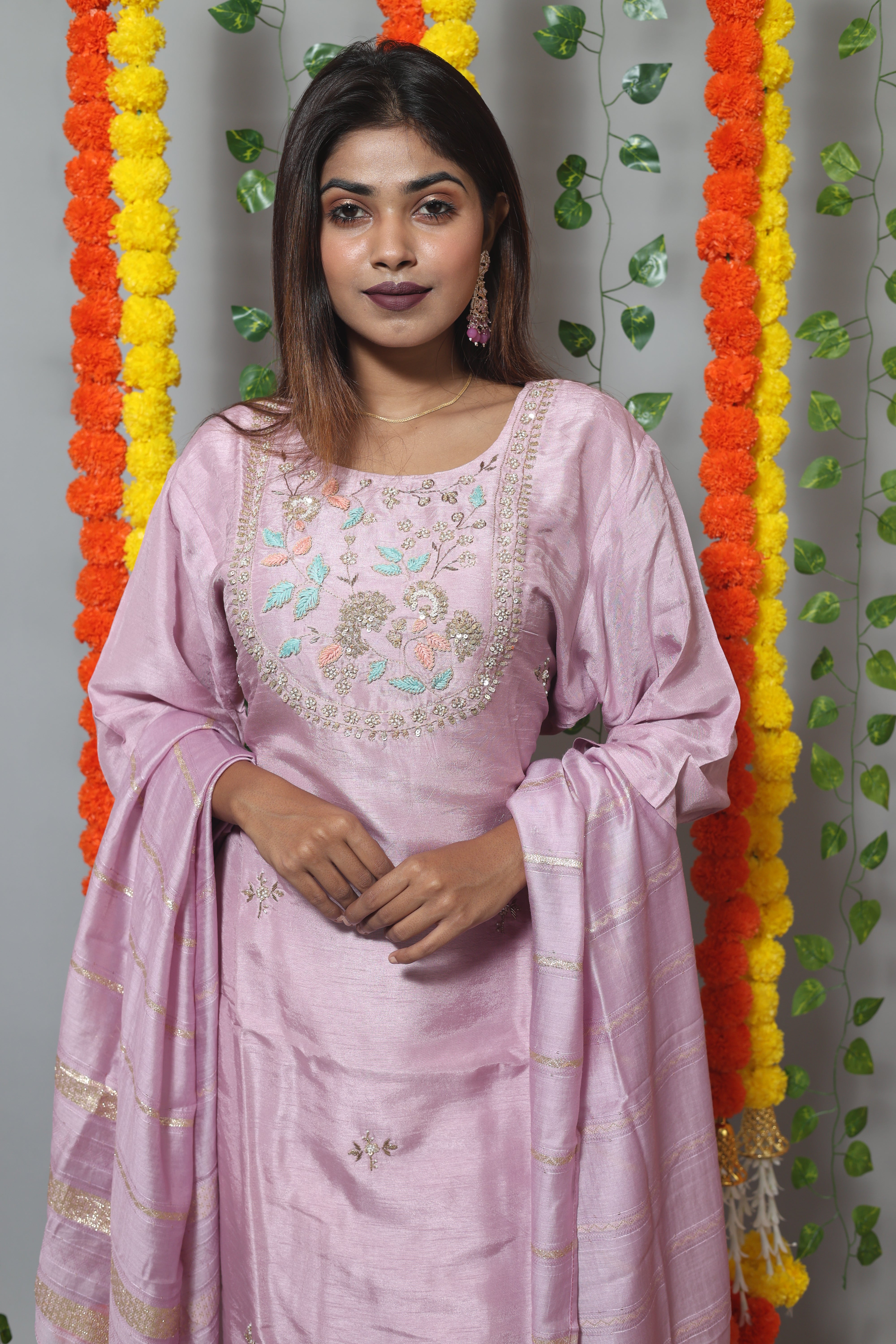 Lilac Dola Silk Handwork Suit Set