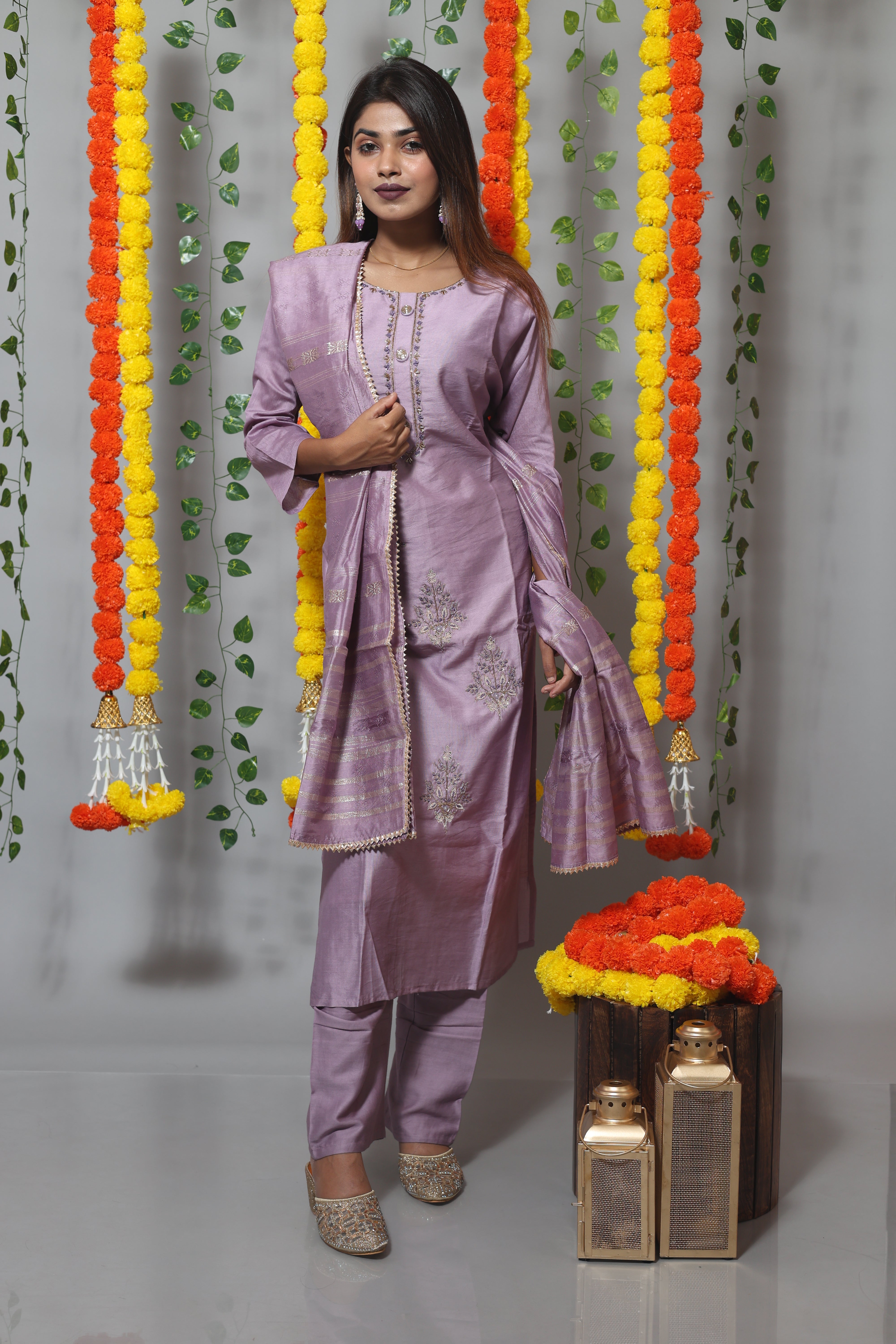 Lavender dola silk suit set with beautiful handwork