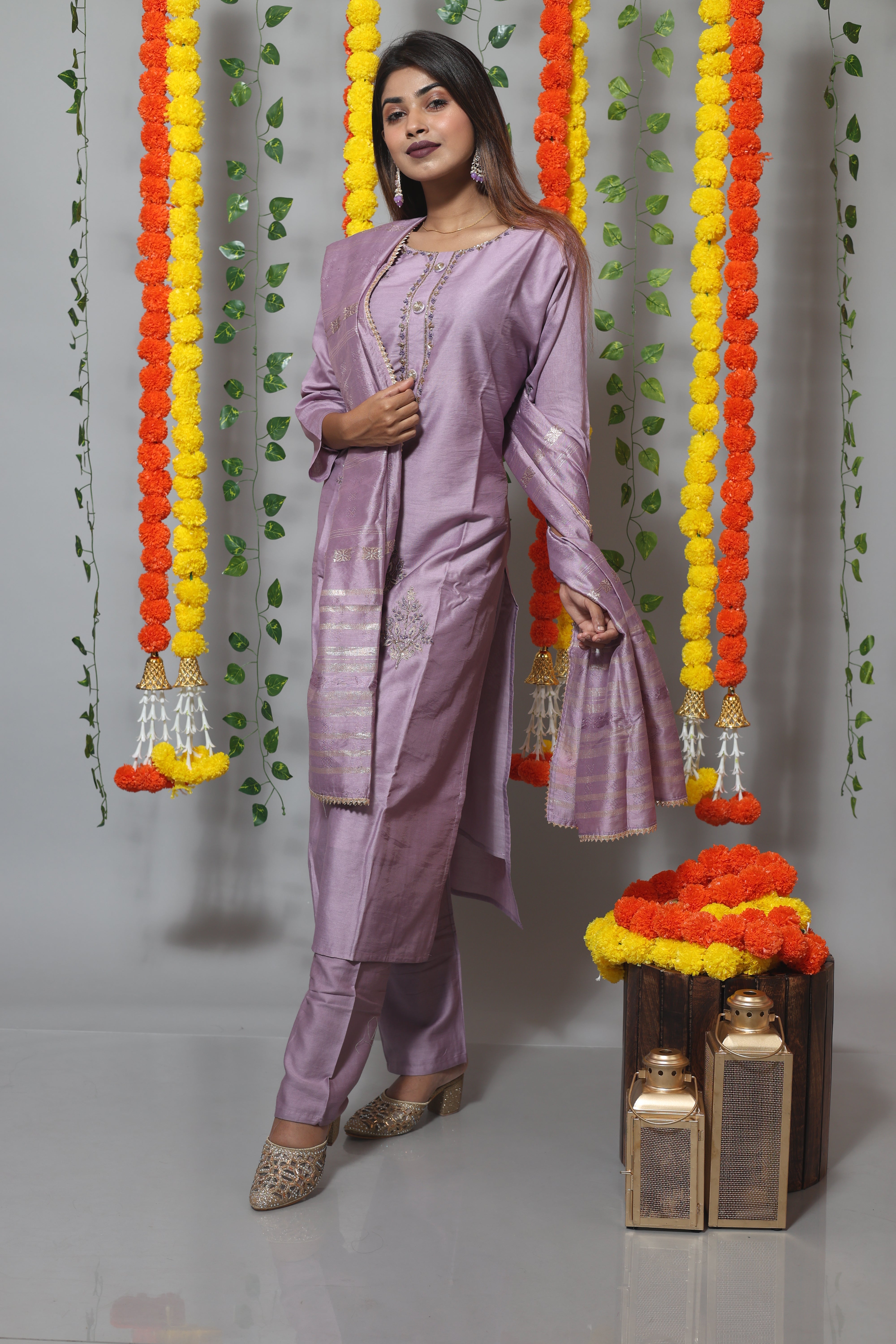Lavender Dola Silk Handwork Suit Set
