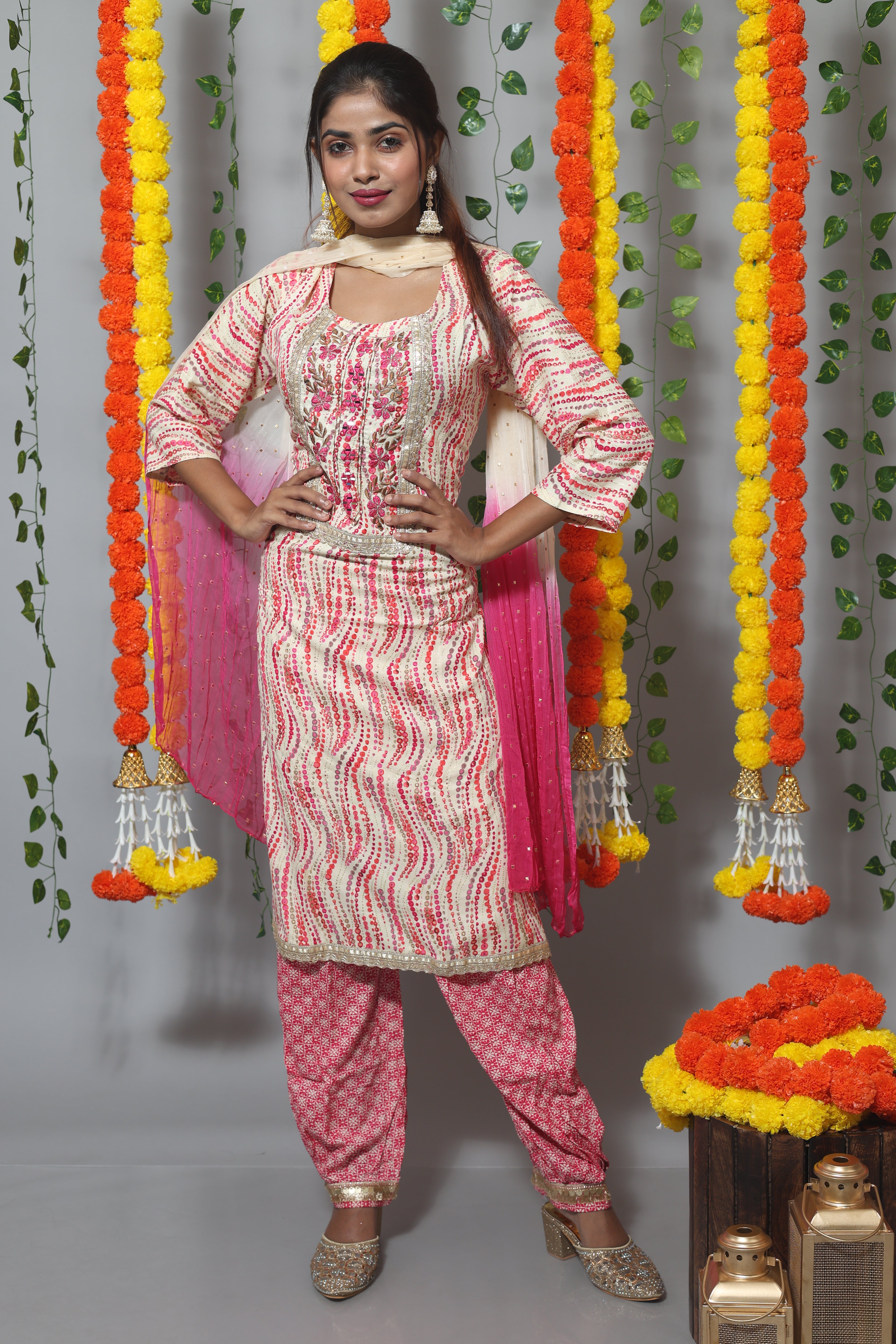 Pink Afghani suit set with traditional handwork
