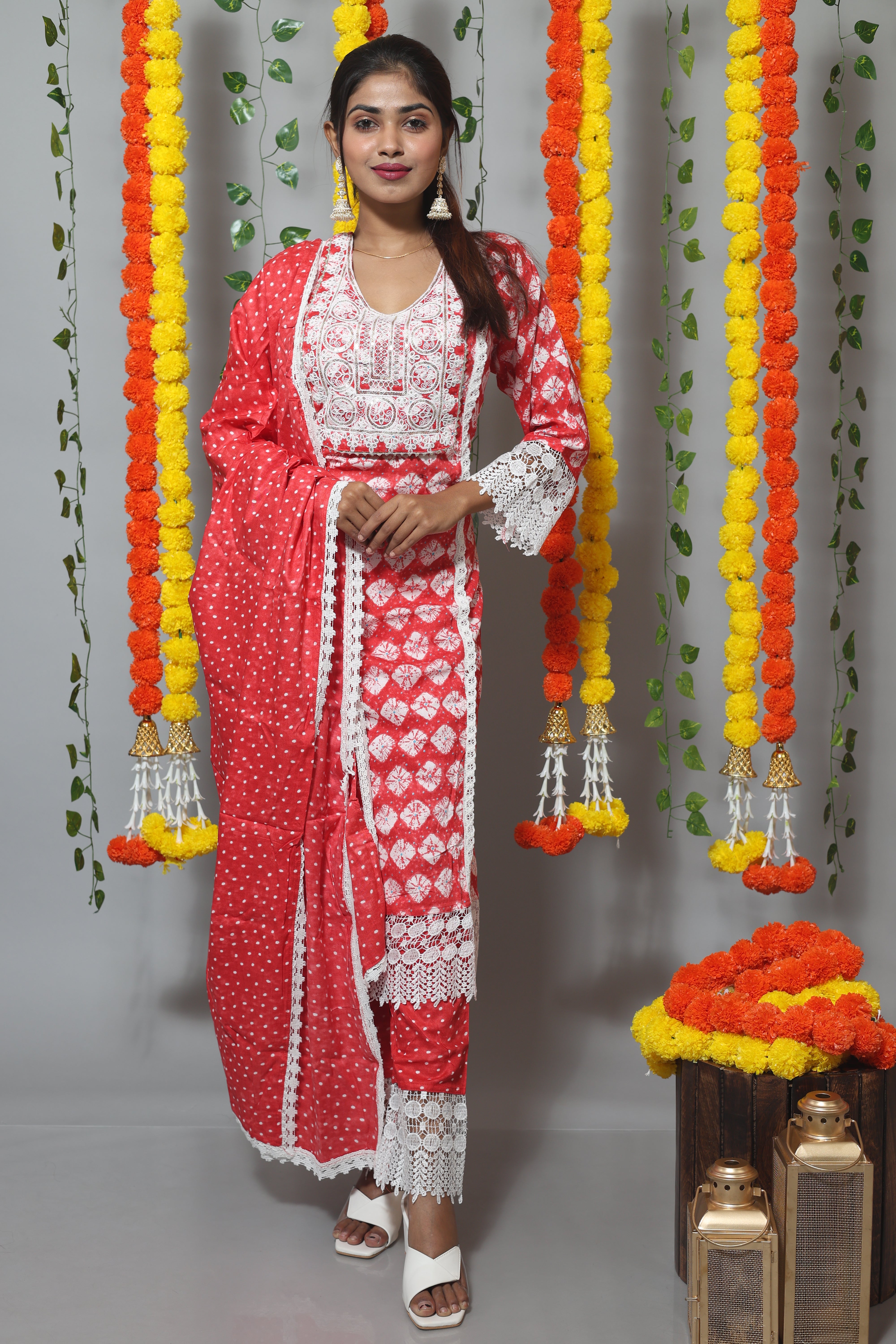 Floral red cotton suit set with elegant design