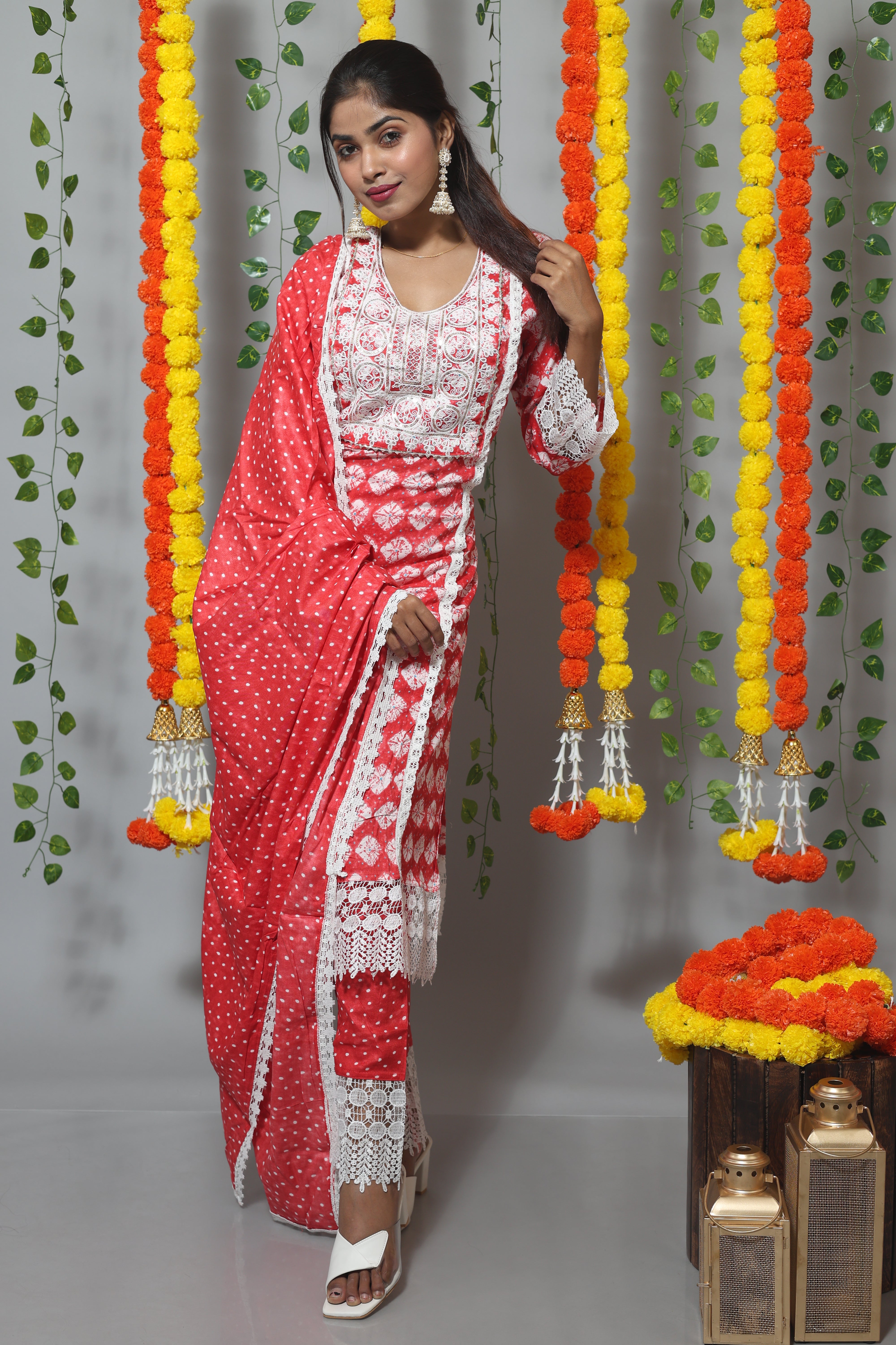 Floral Red Cotton Suit Set