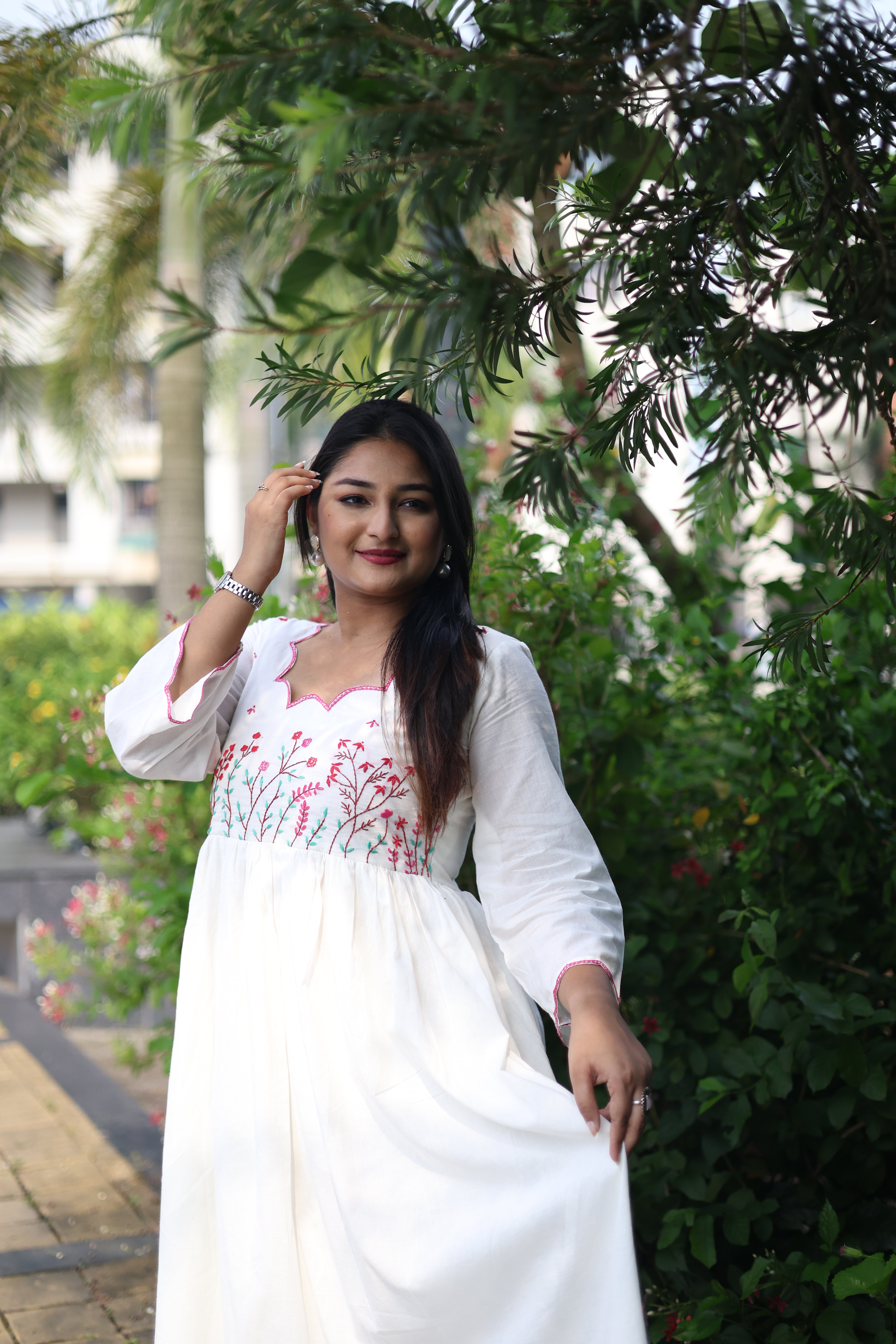 Hand Embroidered White Midi Dresses
