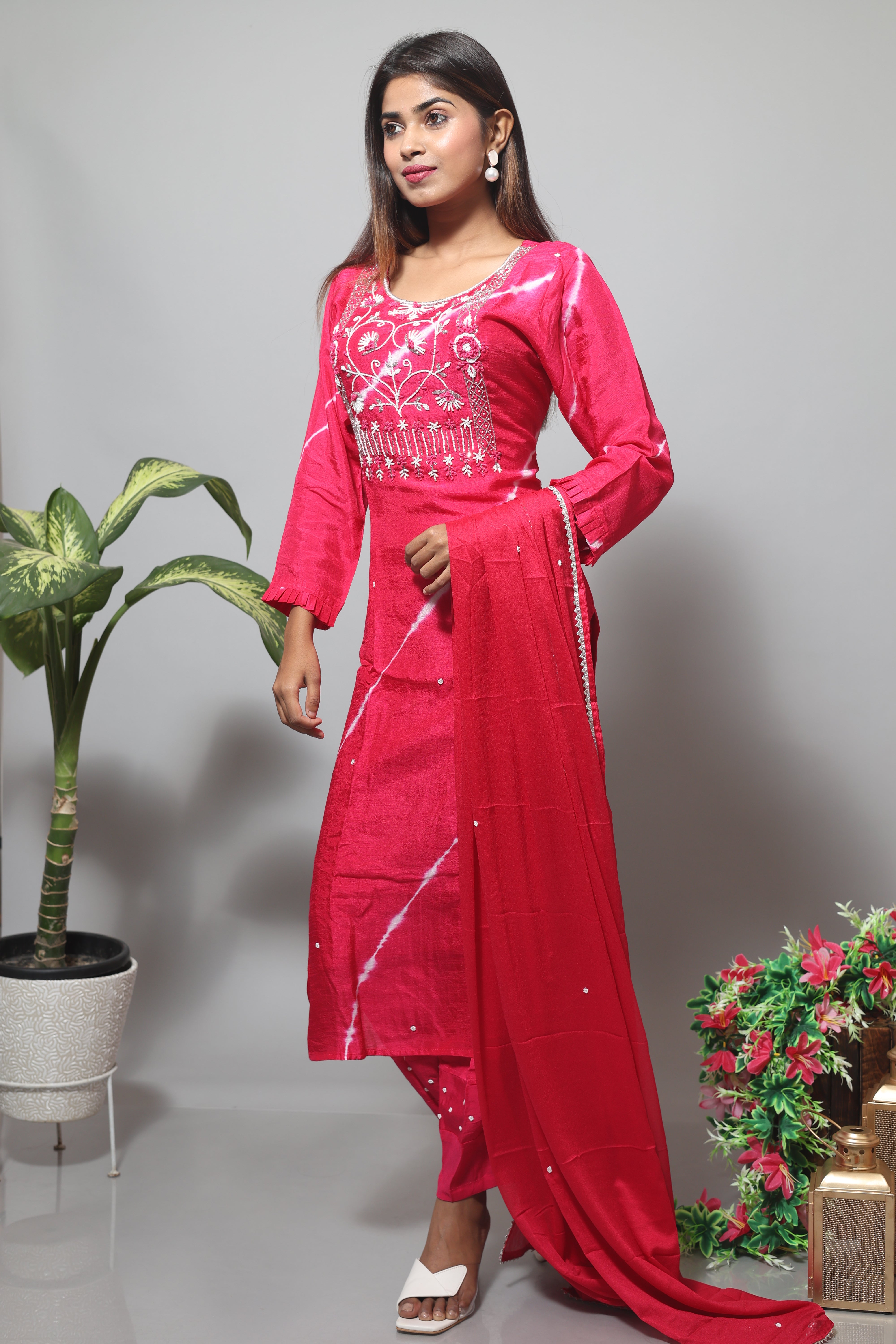 Rani pink handwork silk suit set featuring exquisite craftsmanship
