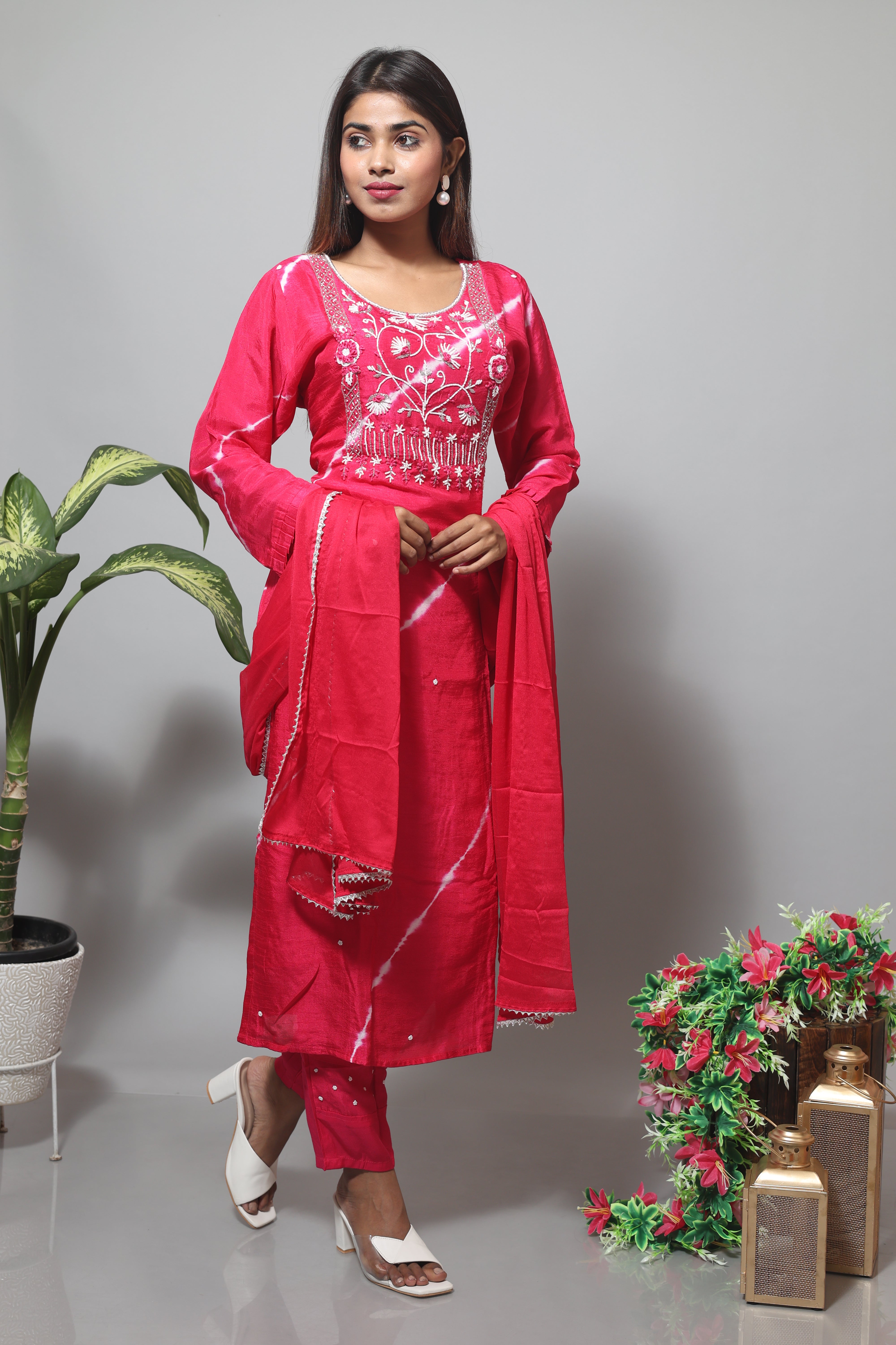 Rani Pink Hand Work Silk Suit Sets