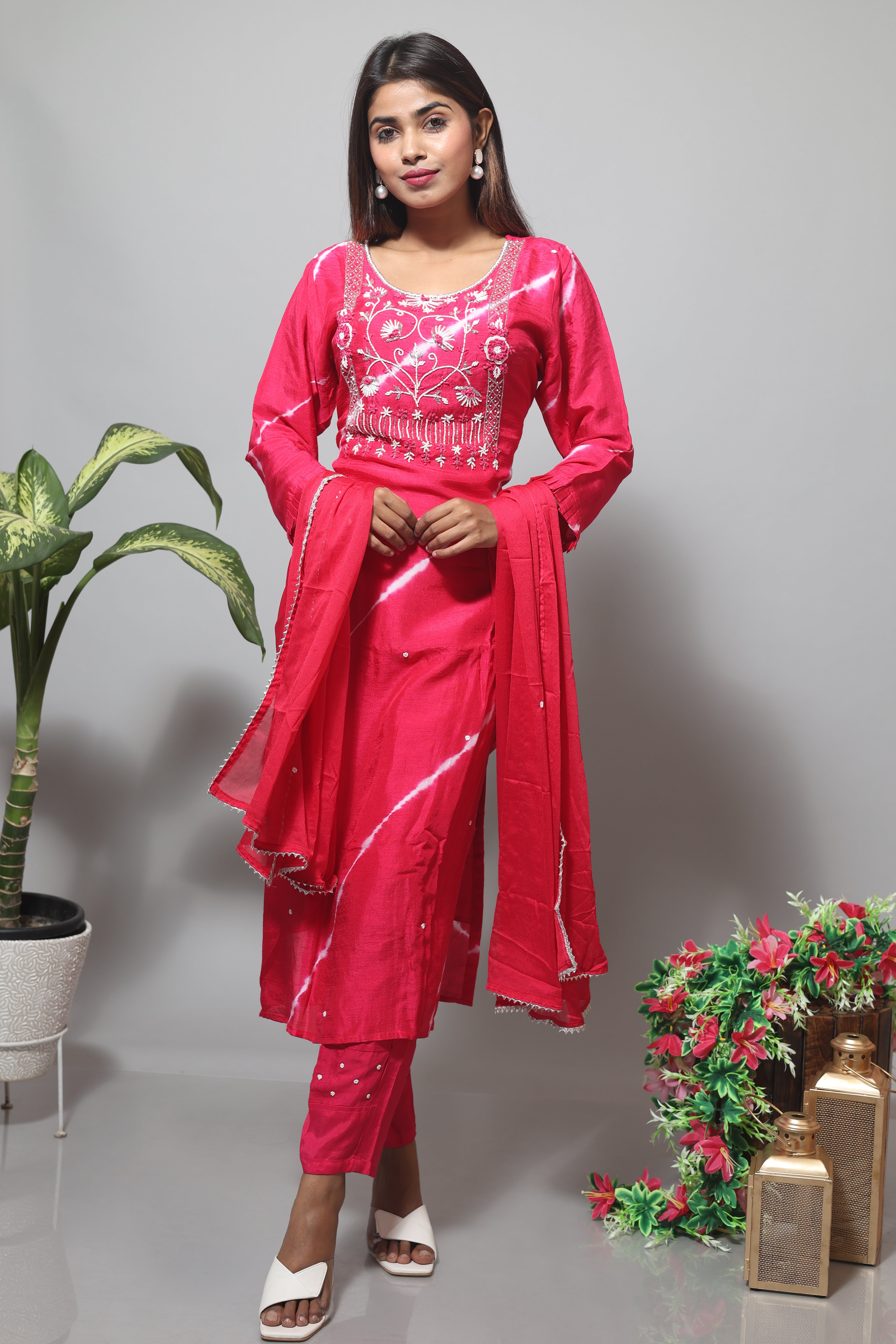 Rani Pink Hand Work Silk Suit Sets