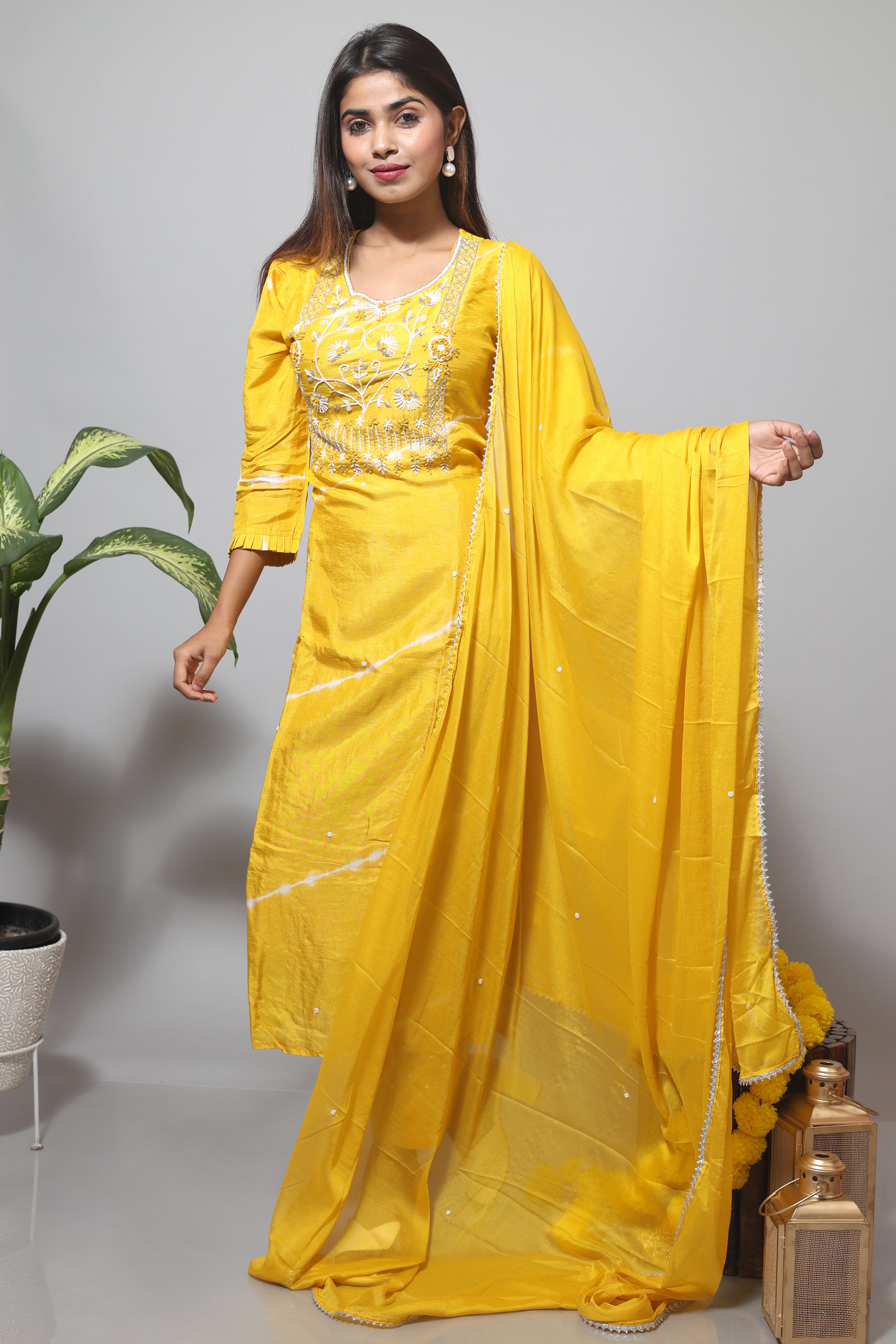 Yellow handwork dola silk suit set with elegant design