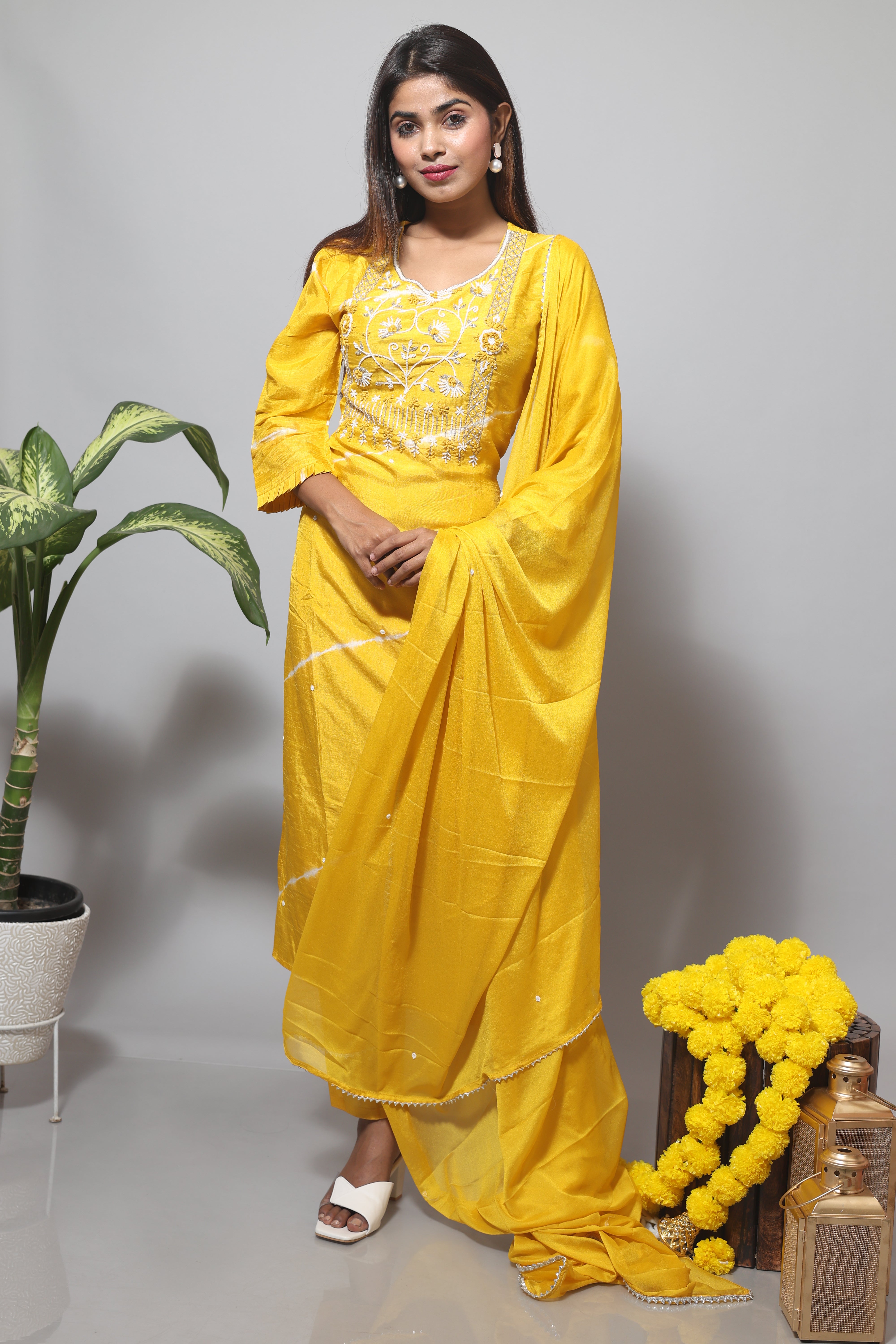 Yellow Hand Work Dola Silk Suit Sets