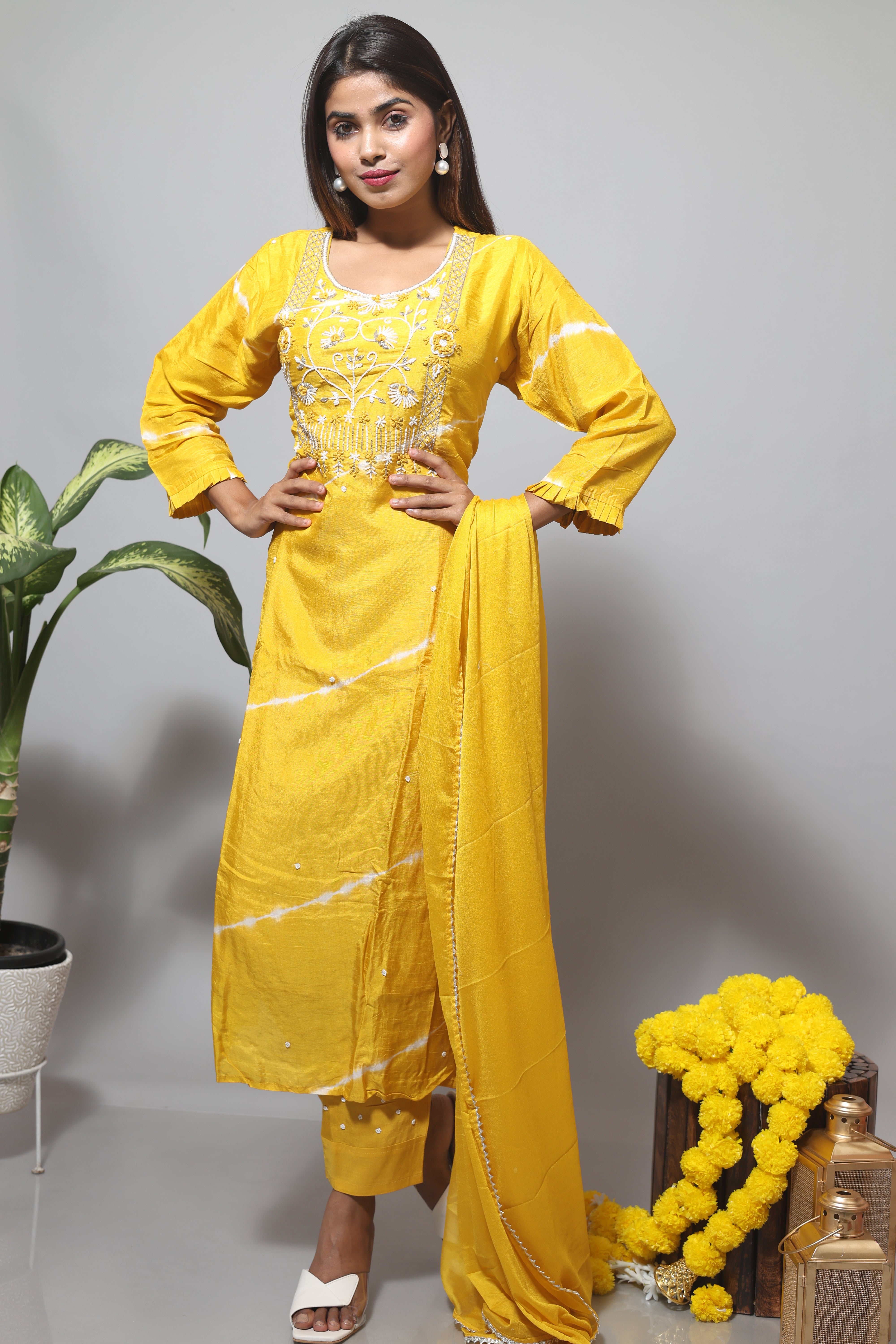 Yellow Hand Work Dola Silk Suit Sets