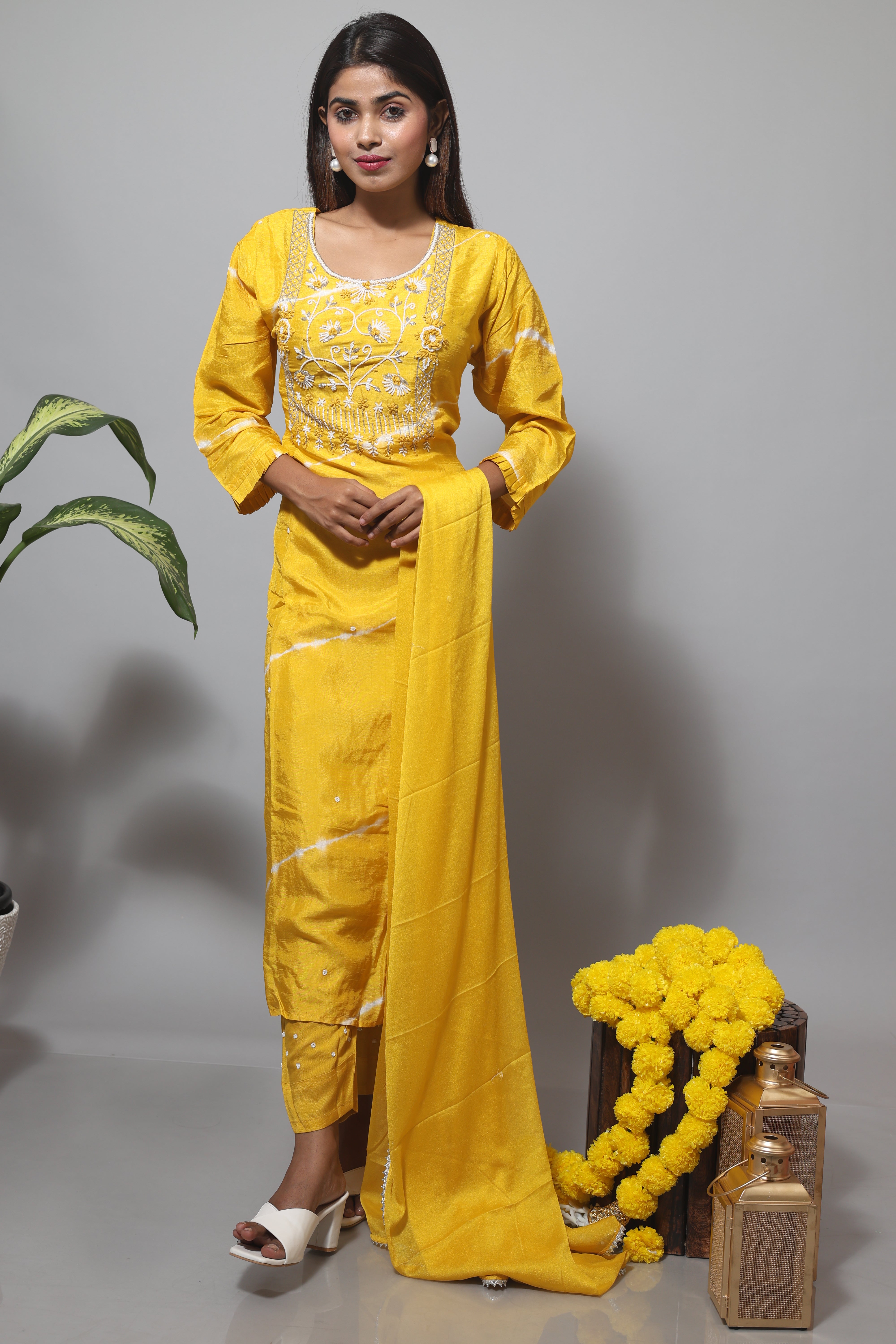 Yellow Hand Work Dola Silk Suit Sets