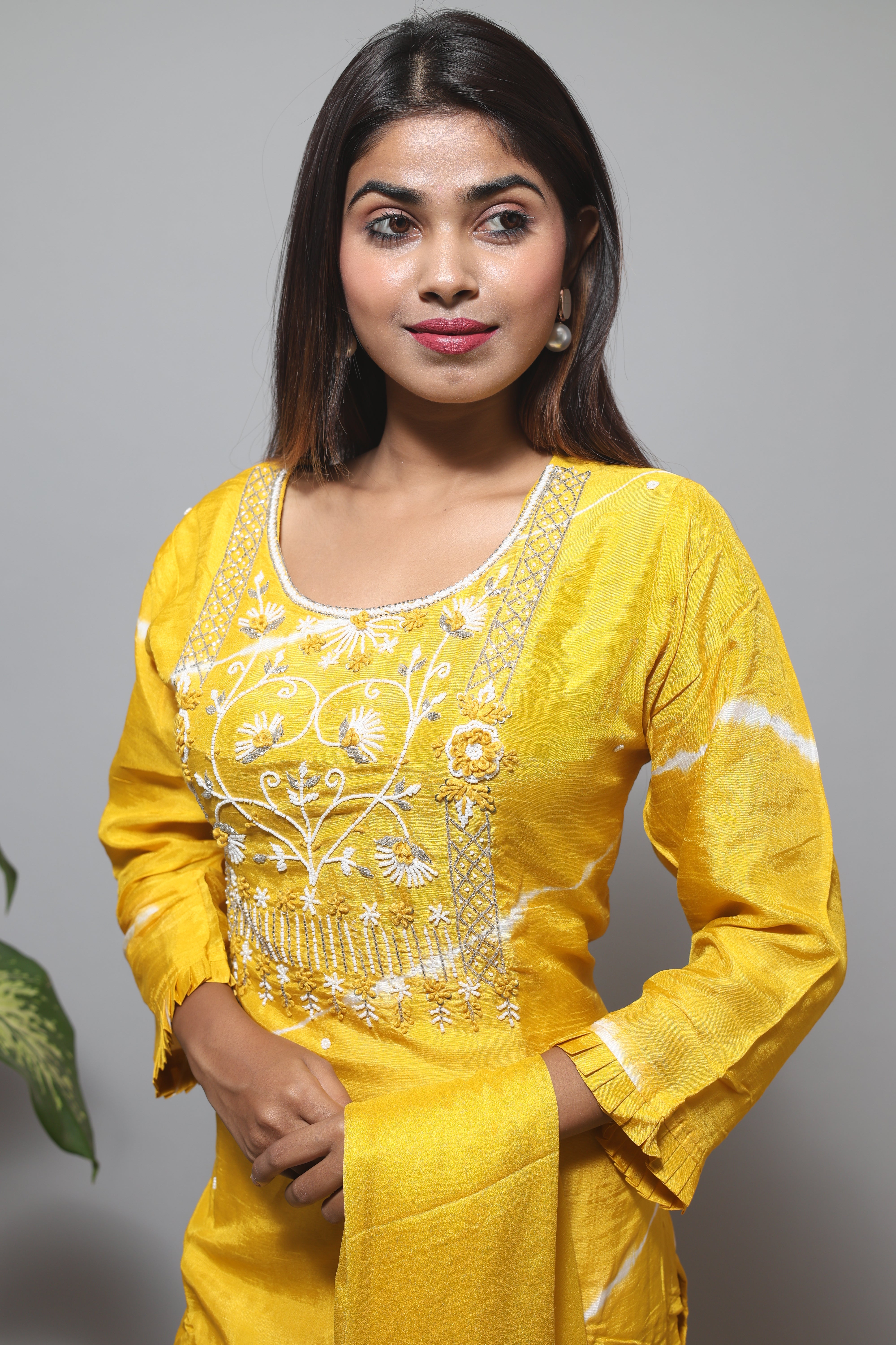 Yellow Hand Work Dola Silk Suit Sets