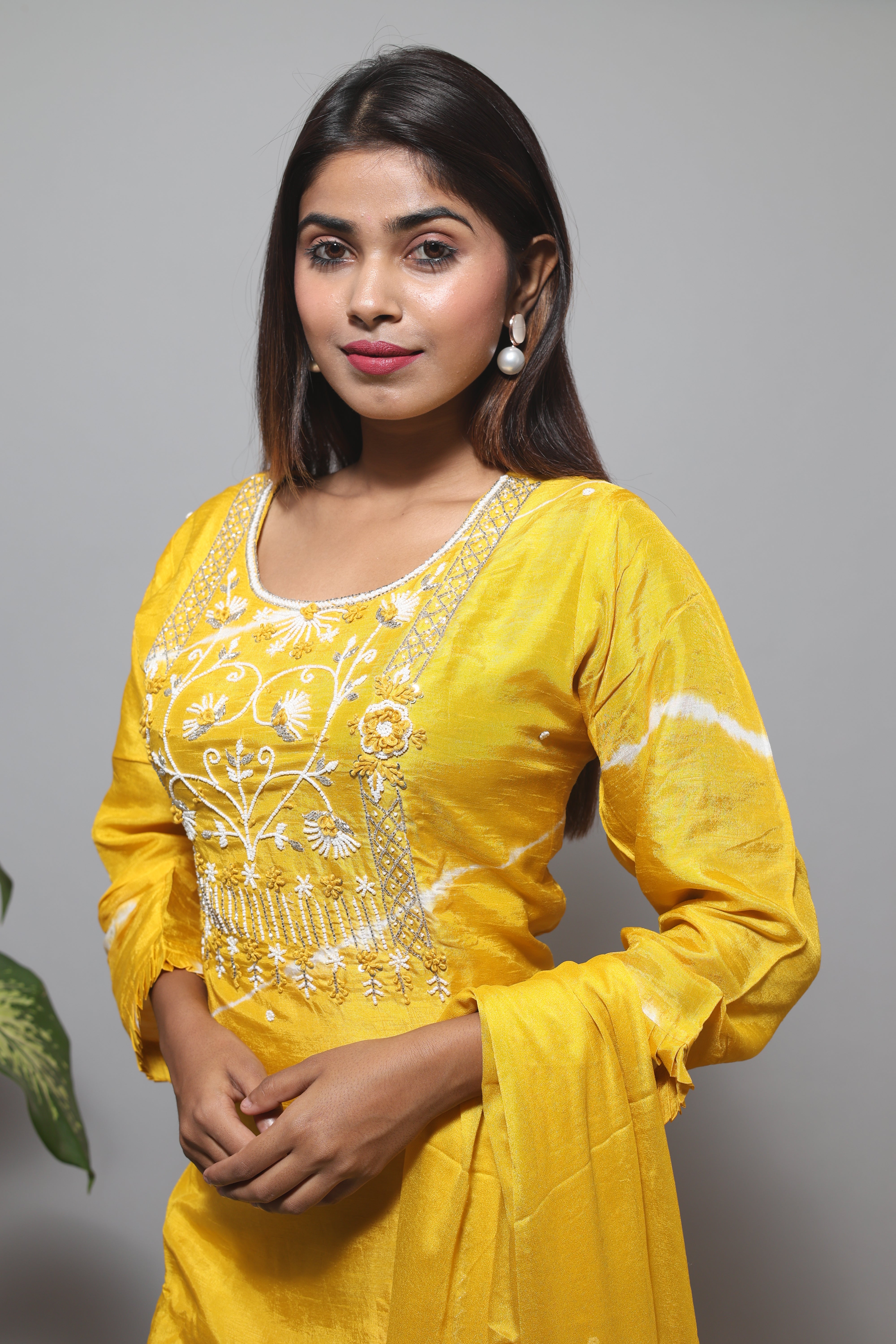 Yellow Hand Work Dola Silk Suit Sets
