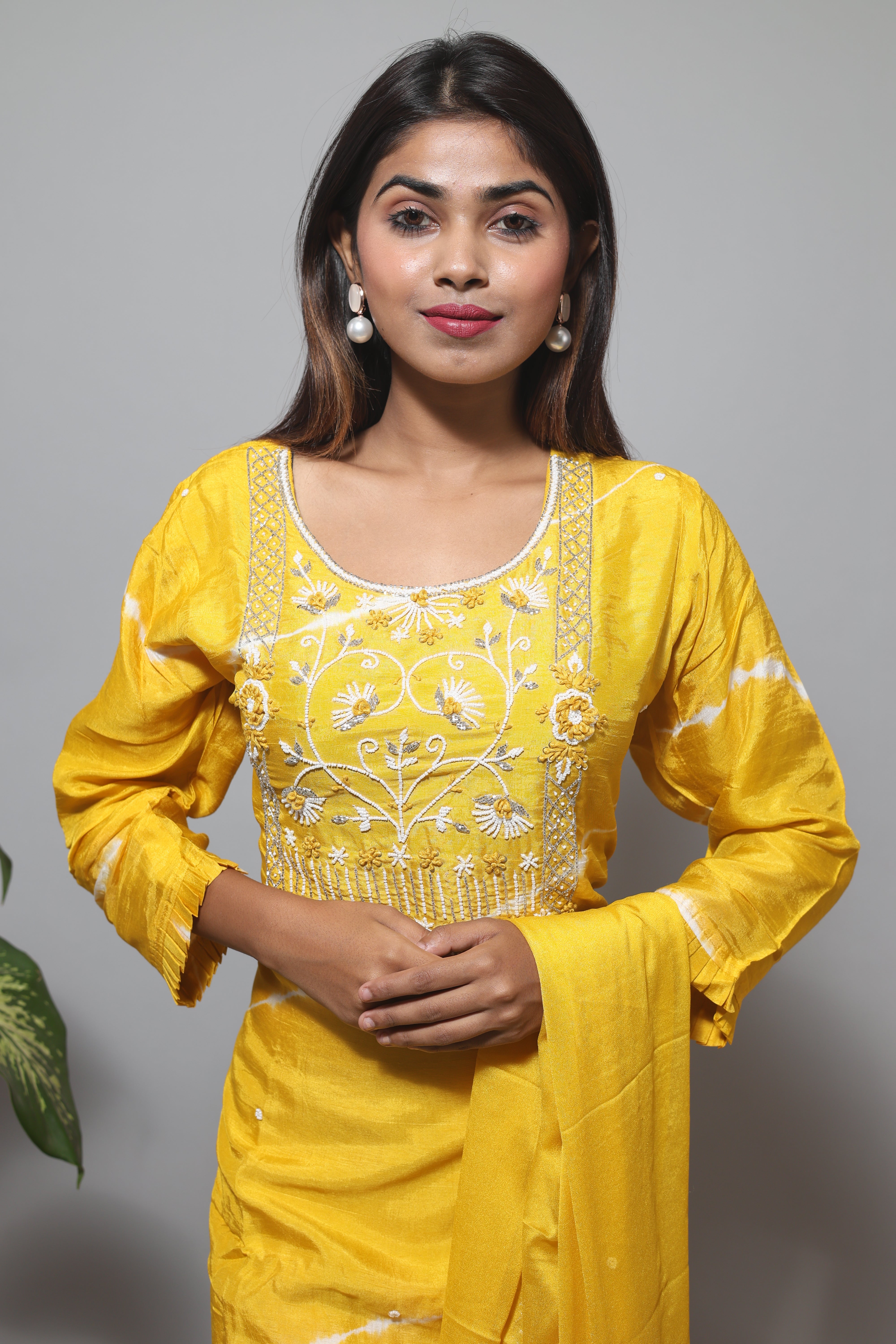 Yellow Hand Work Dola Silk Suit Sets