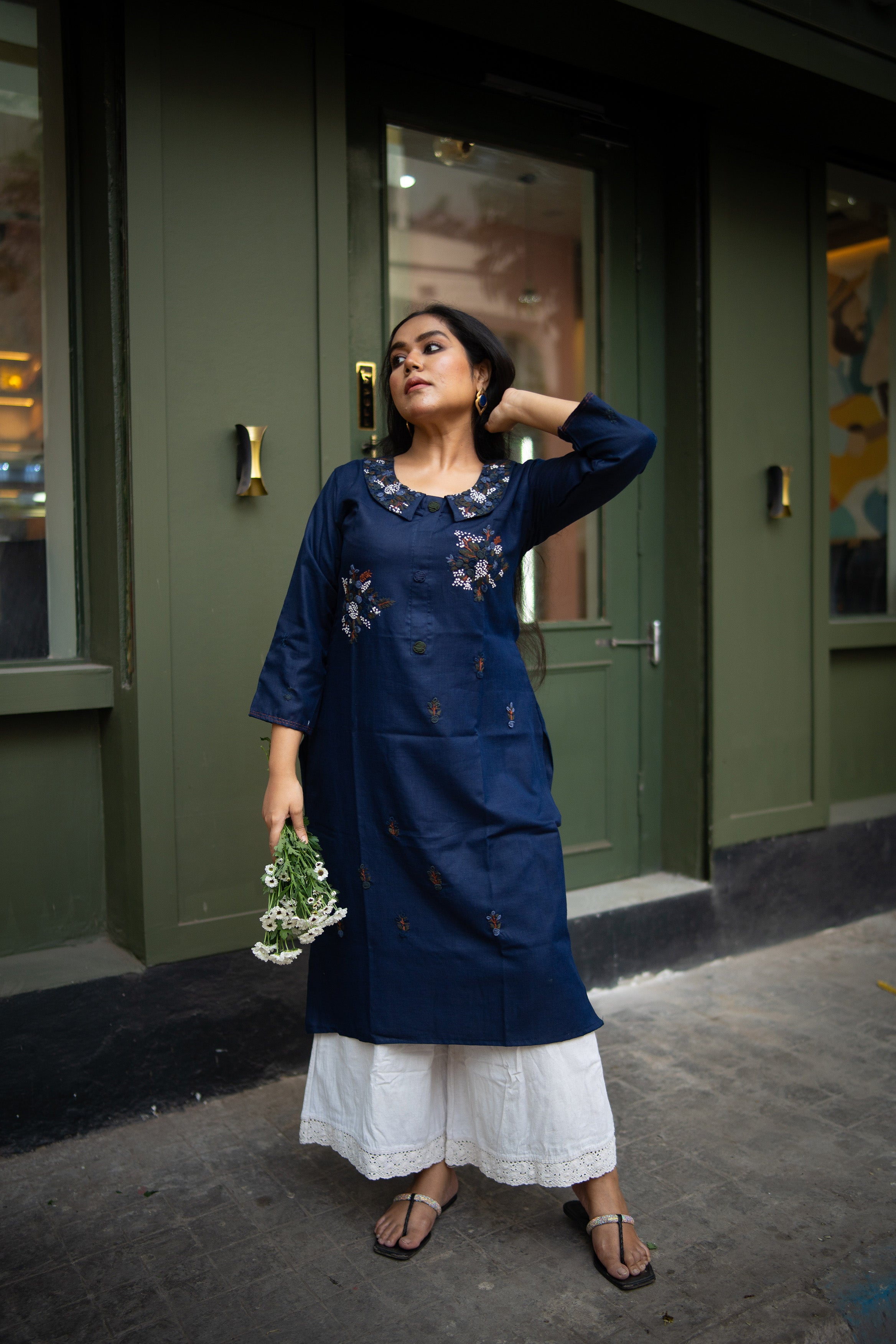 Mid Night Blue Color Cotton Hand Embroidery Kurta