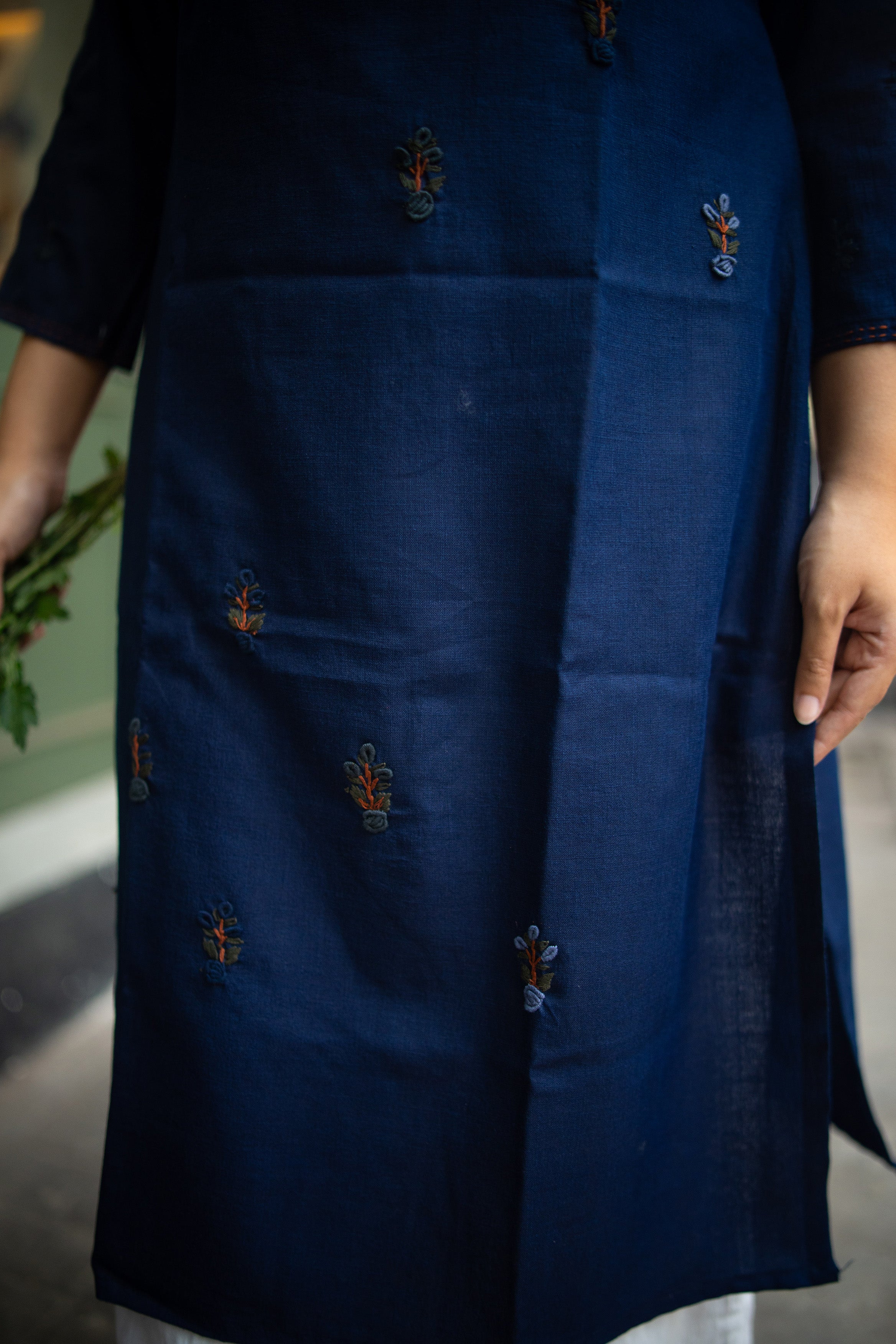 Mid Night Blue Color Cotton Hand Embroidery Kurta