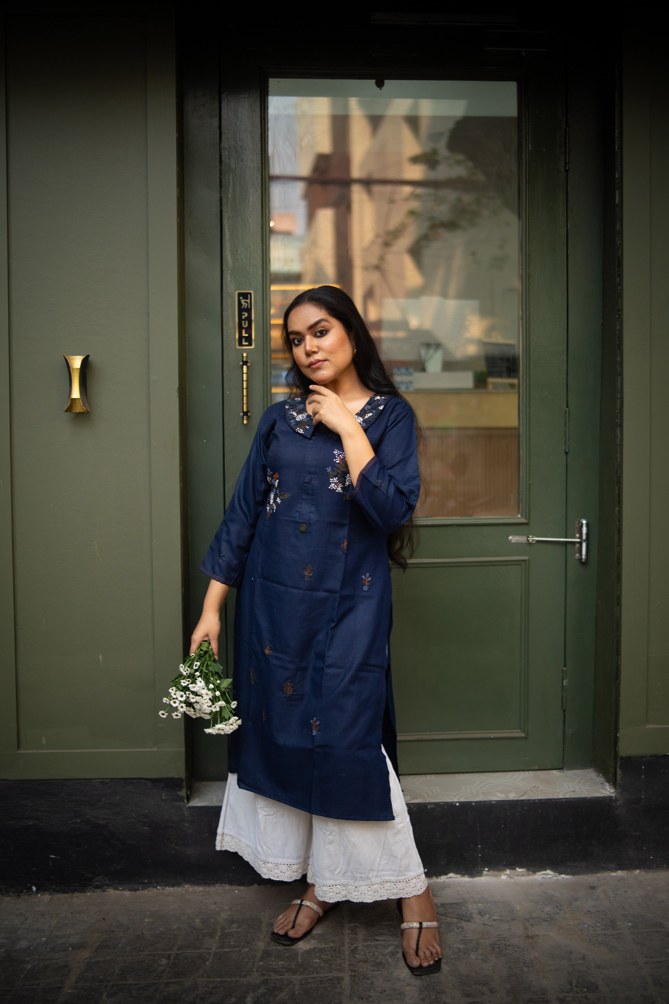 Mid Night Blue Color Cotton Hand Embroidery Kurta