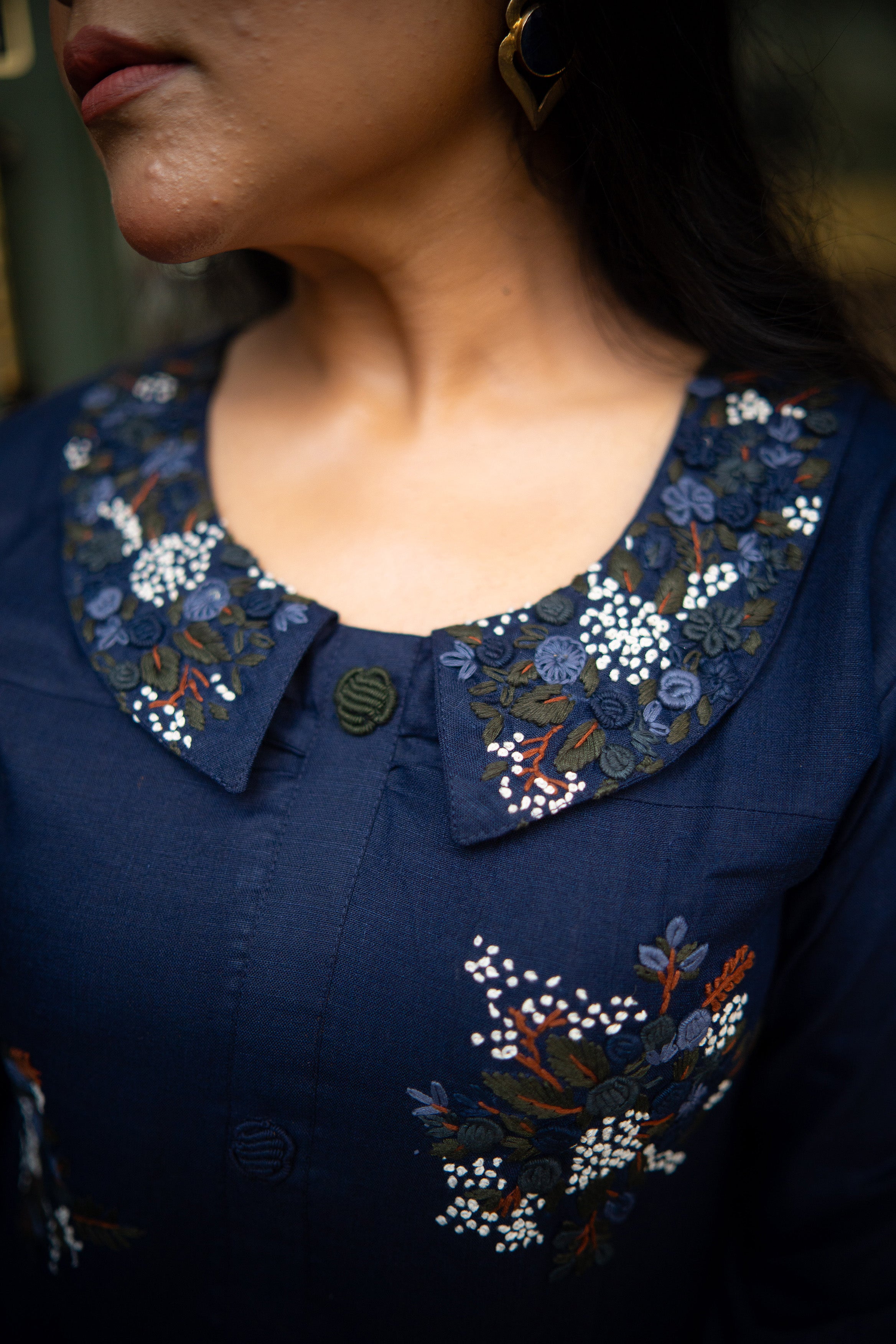 Mid Night Blue Color Cotton Hand Embroidery Kurta