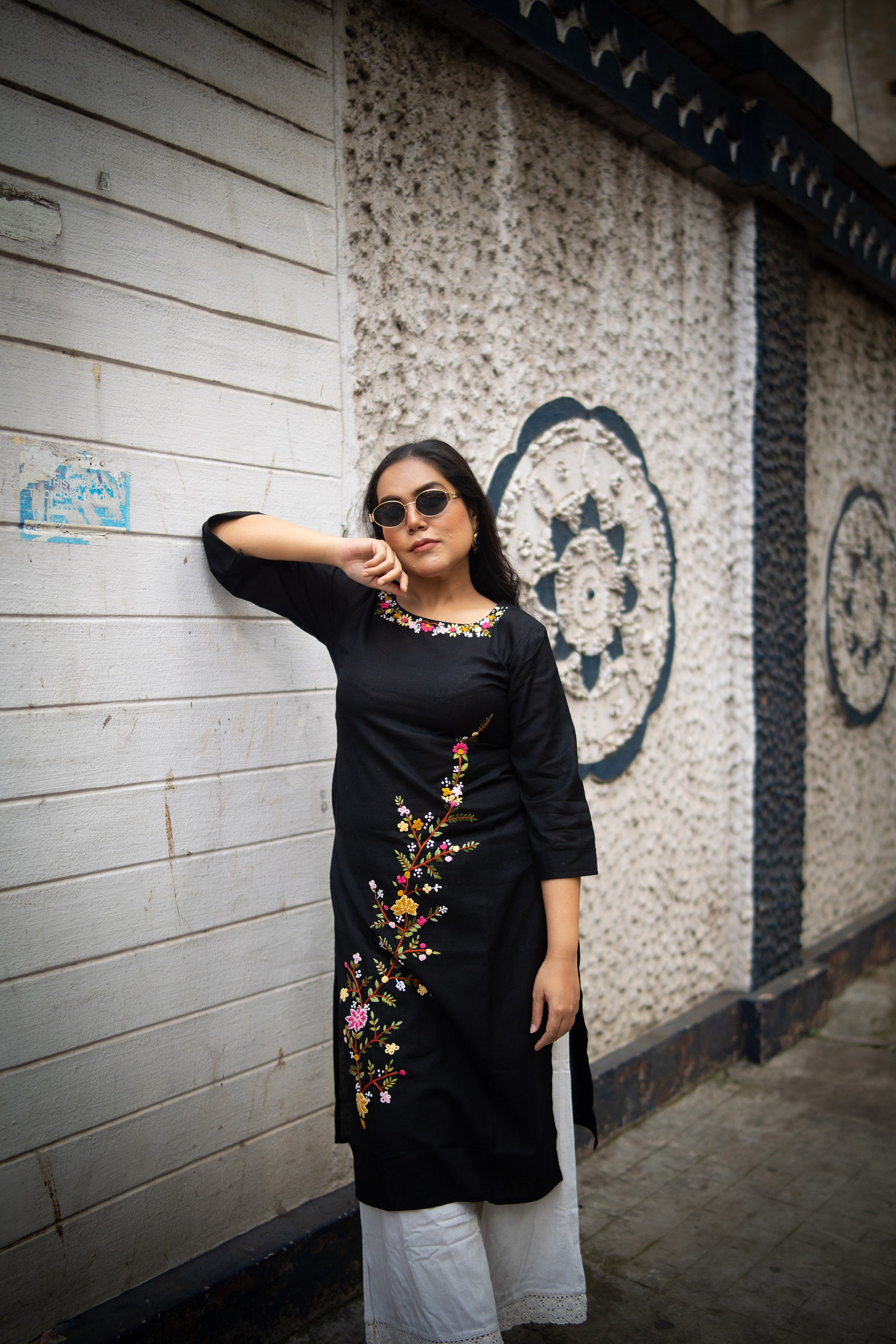 Black Cotton Handwork Kurta