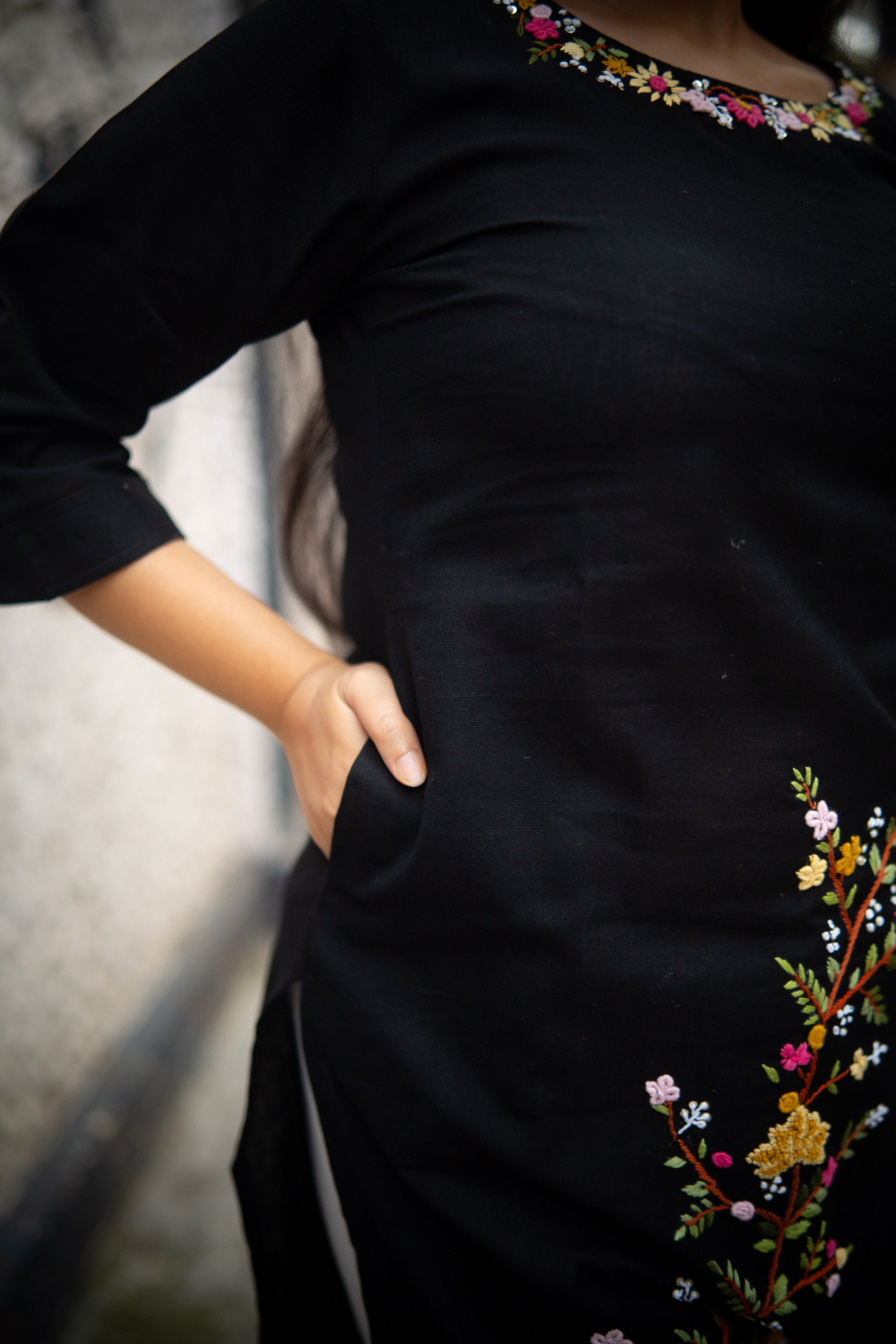 Black Cotton Handwork Kurta