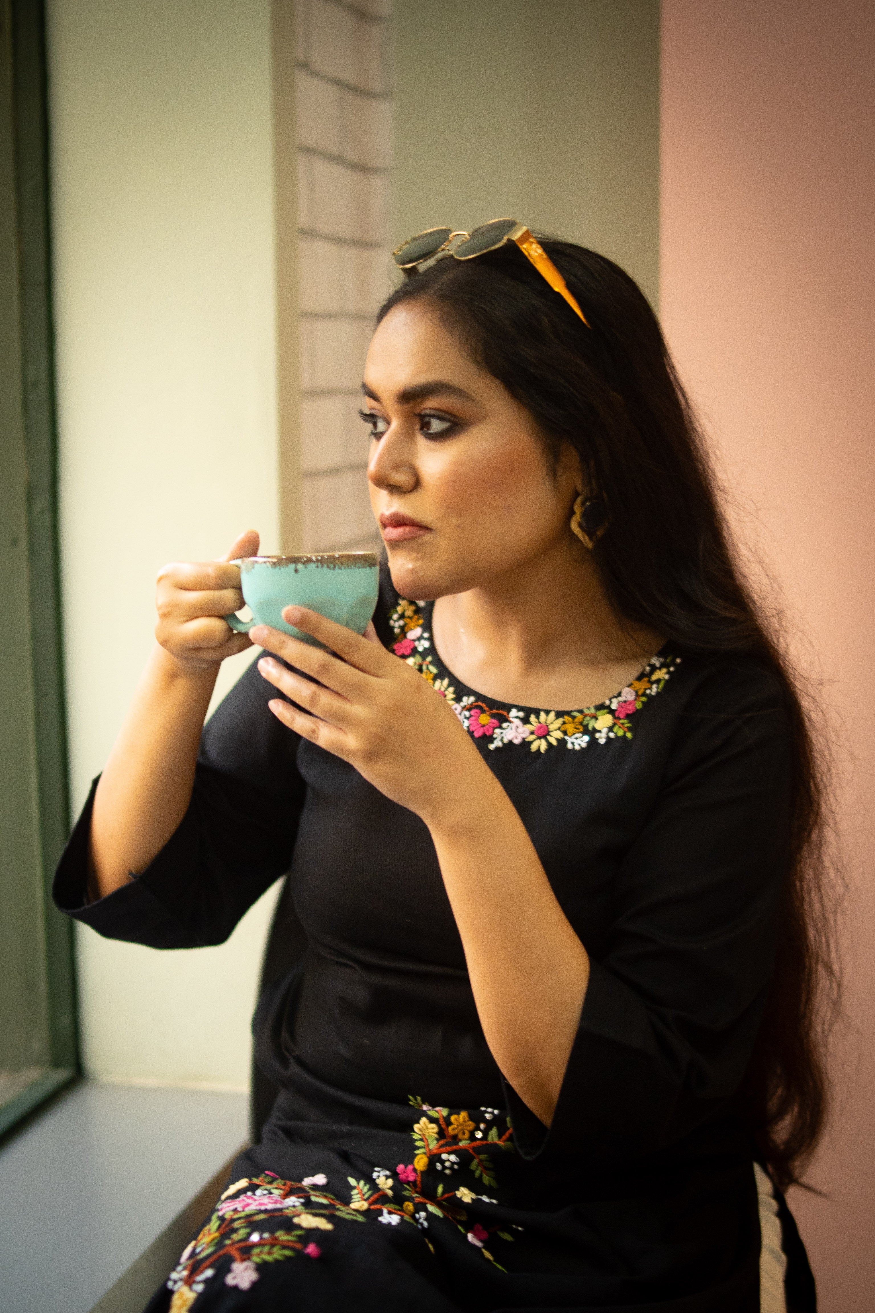 Black Cotton Handwork Kurta