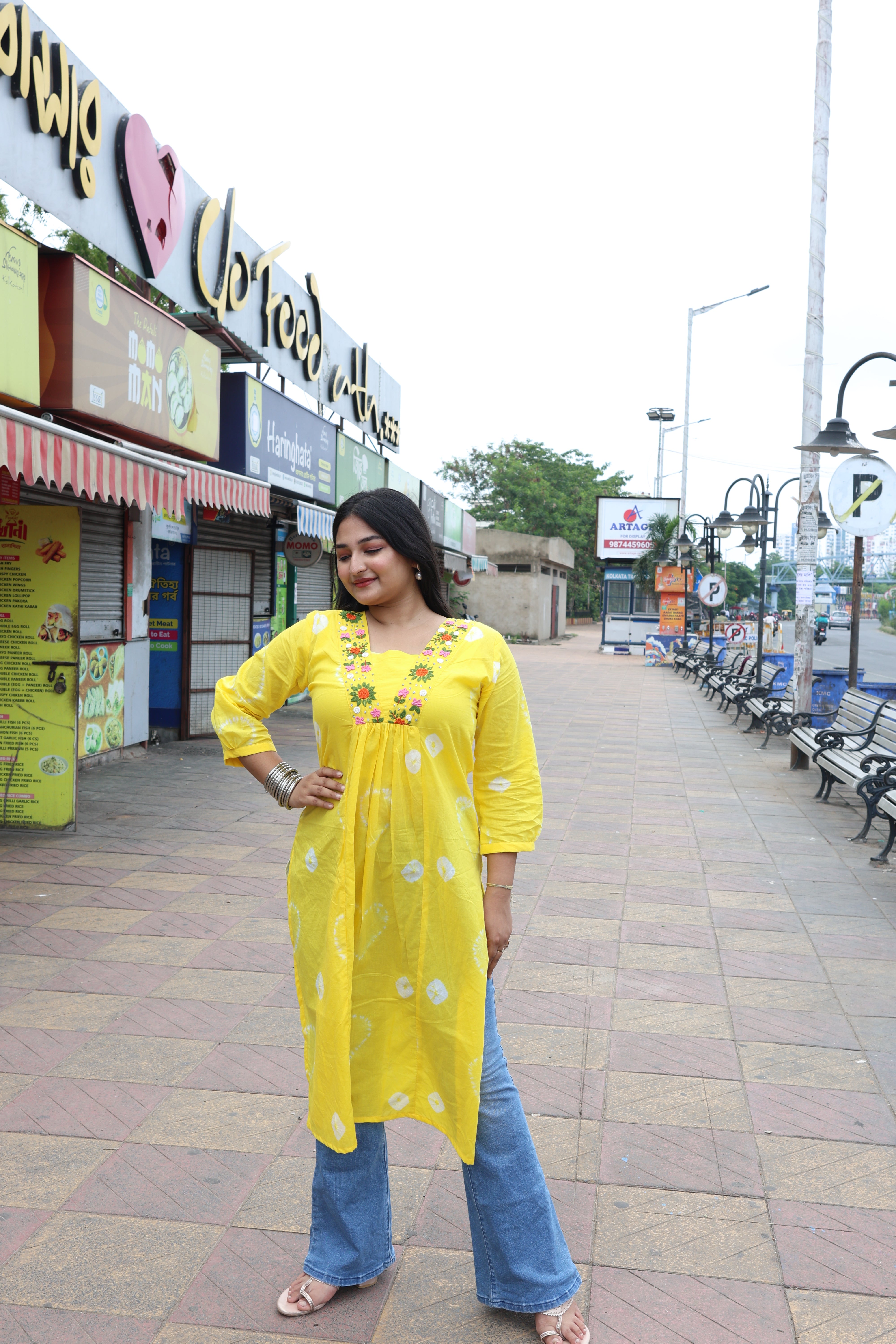 Yellow Bandhani With Hand Embroidery Cotton Kurta