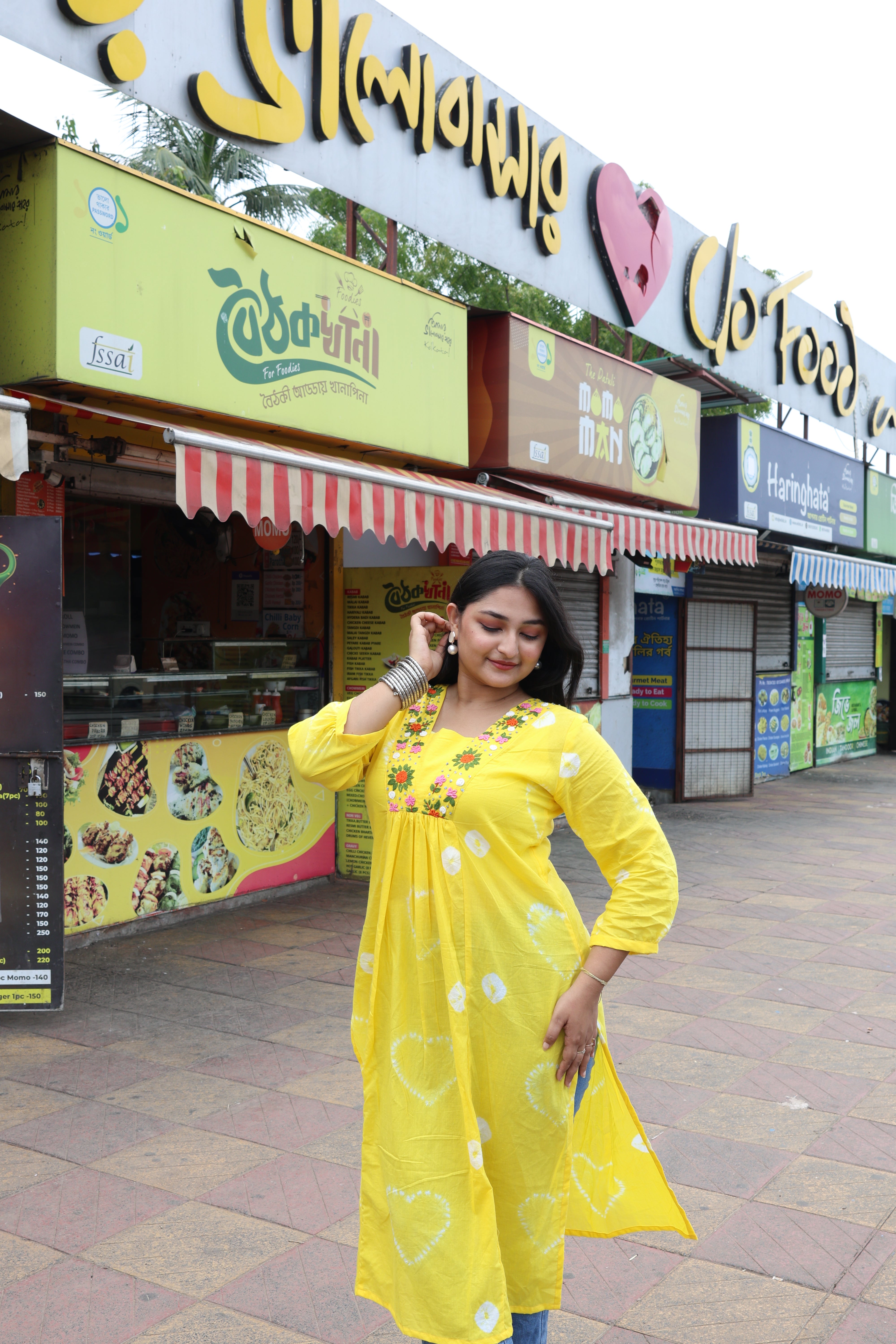 Yellow Bandhani With Hand Embroidery Cotton Kurta