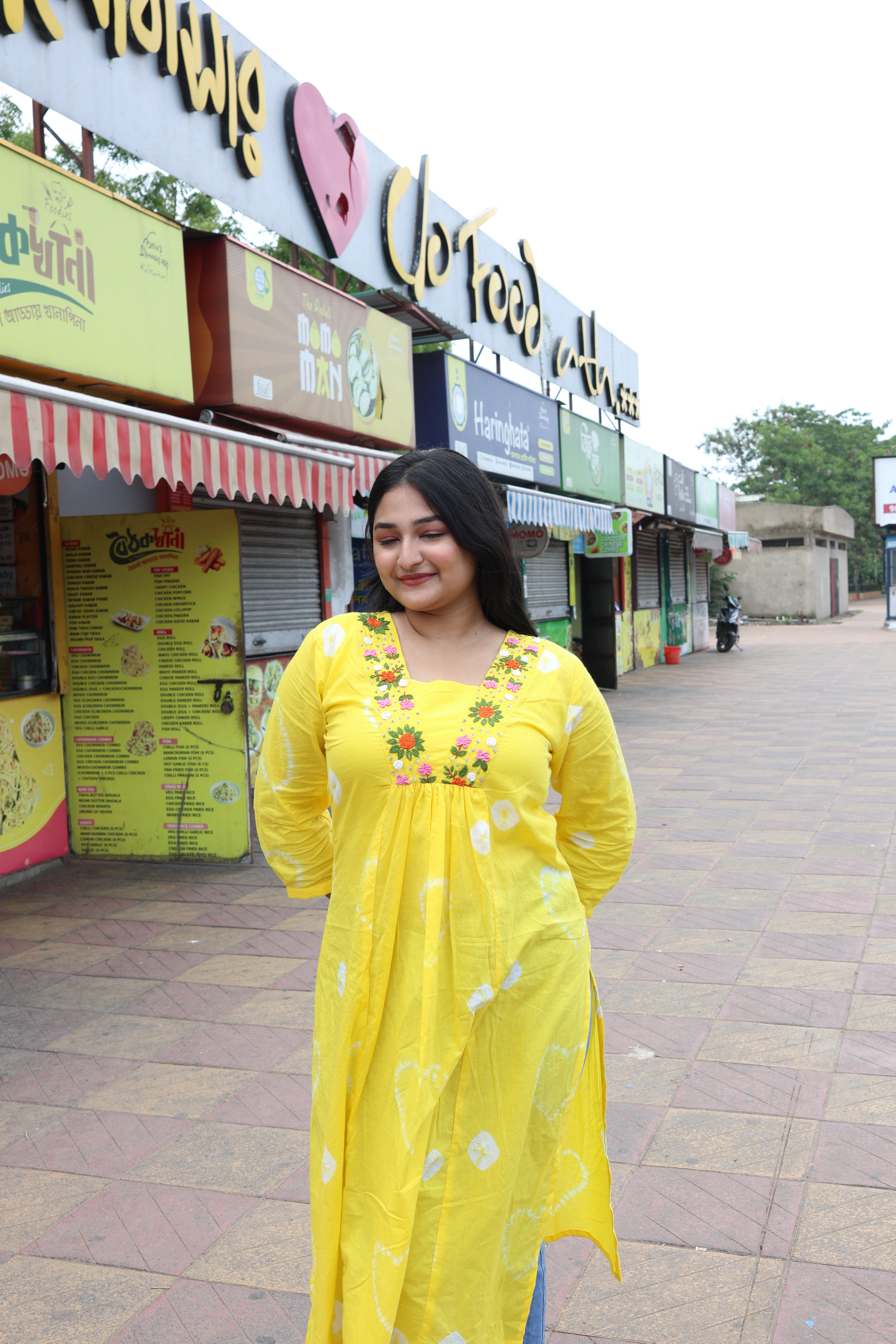 Yellow Bandhani With Hand Embroidery Cotton Kurta