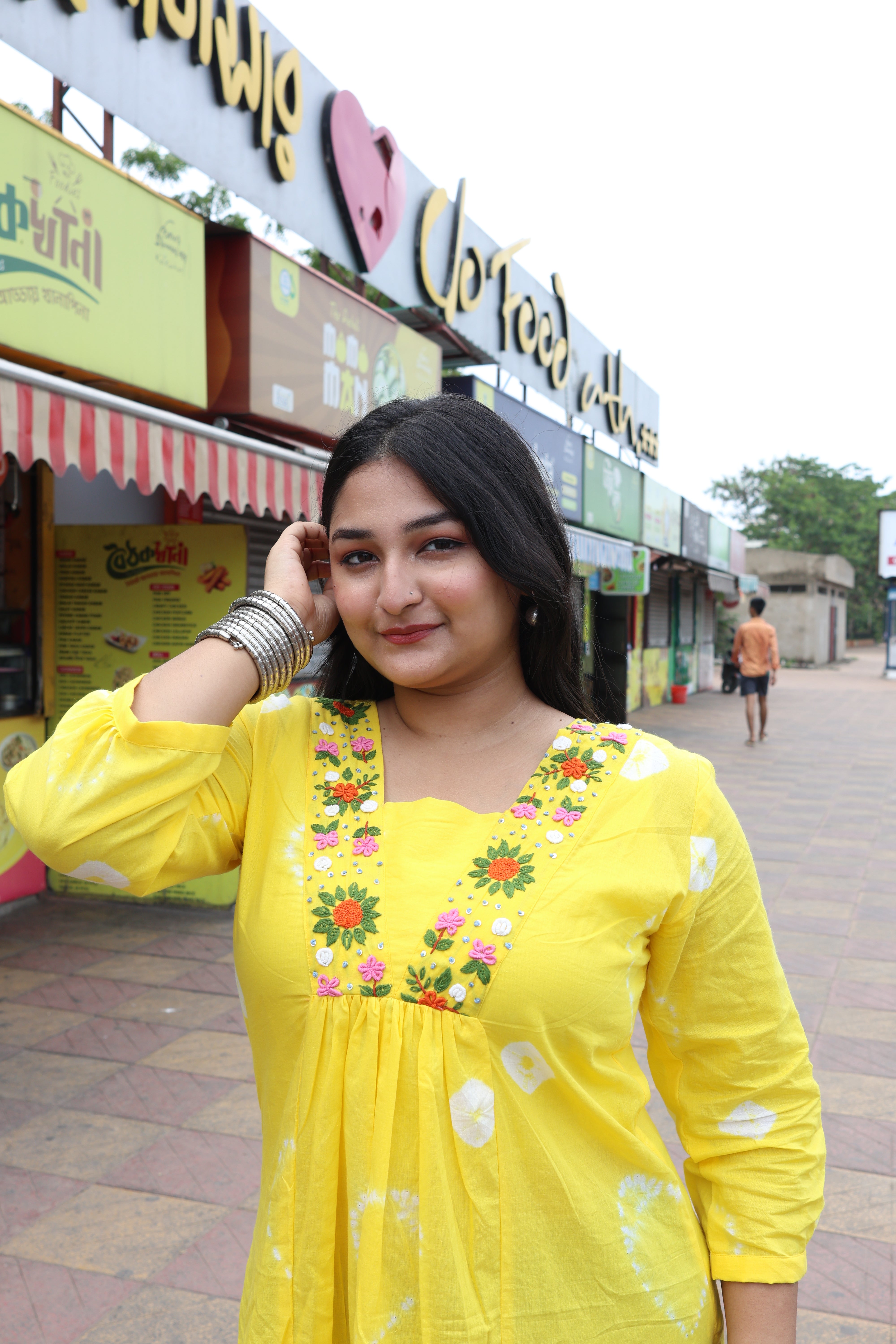 Yellow Bandhani With Hand Embroidery Cotton Kurta
