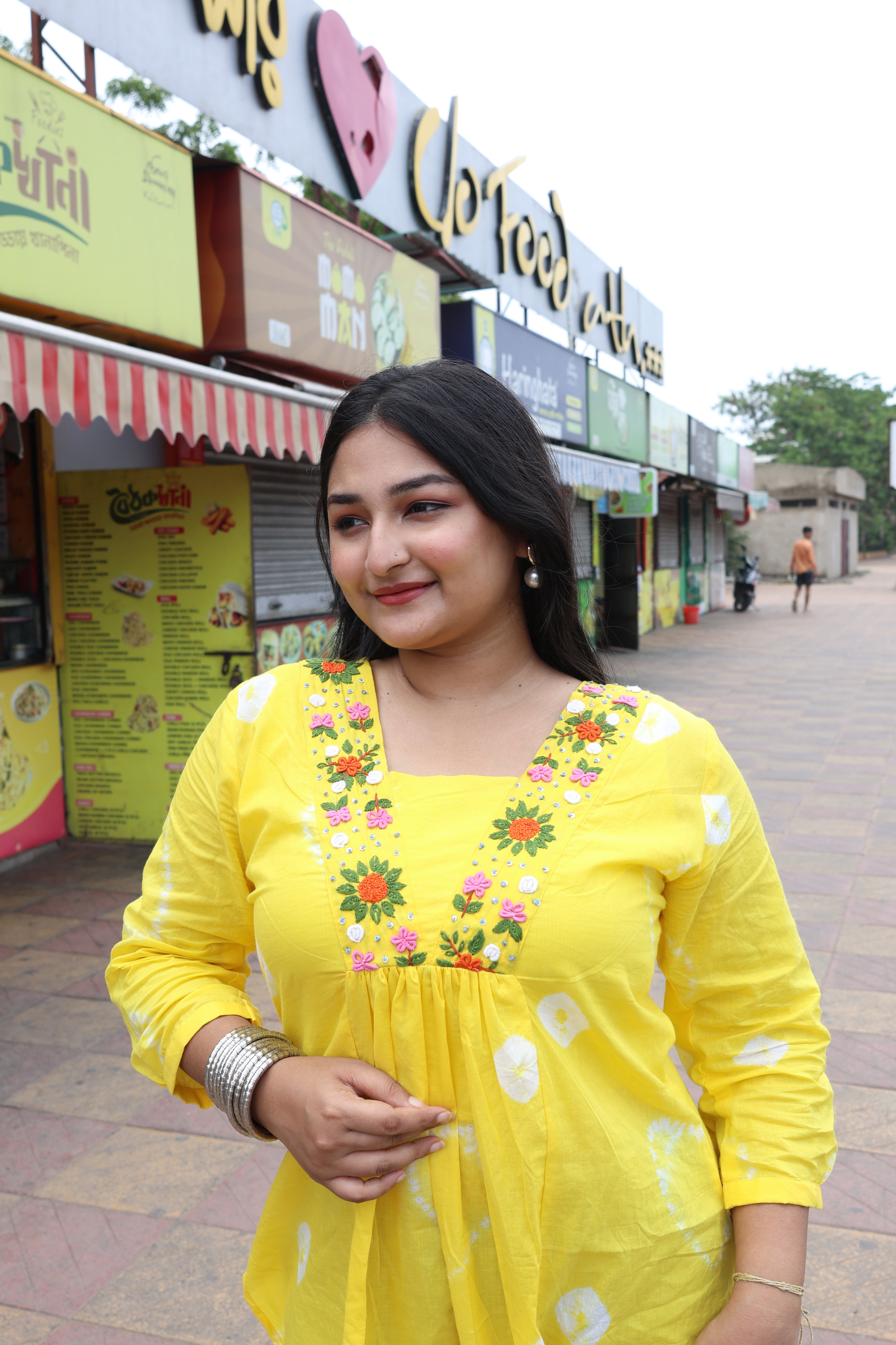 Yellow Bandhani With Hand Embroidery Cotton Kurta