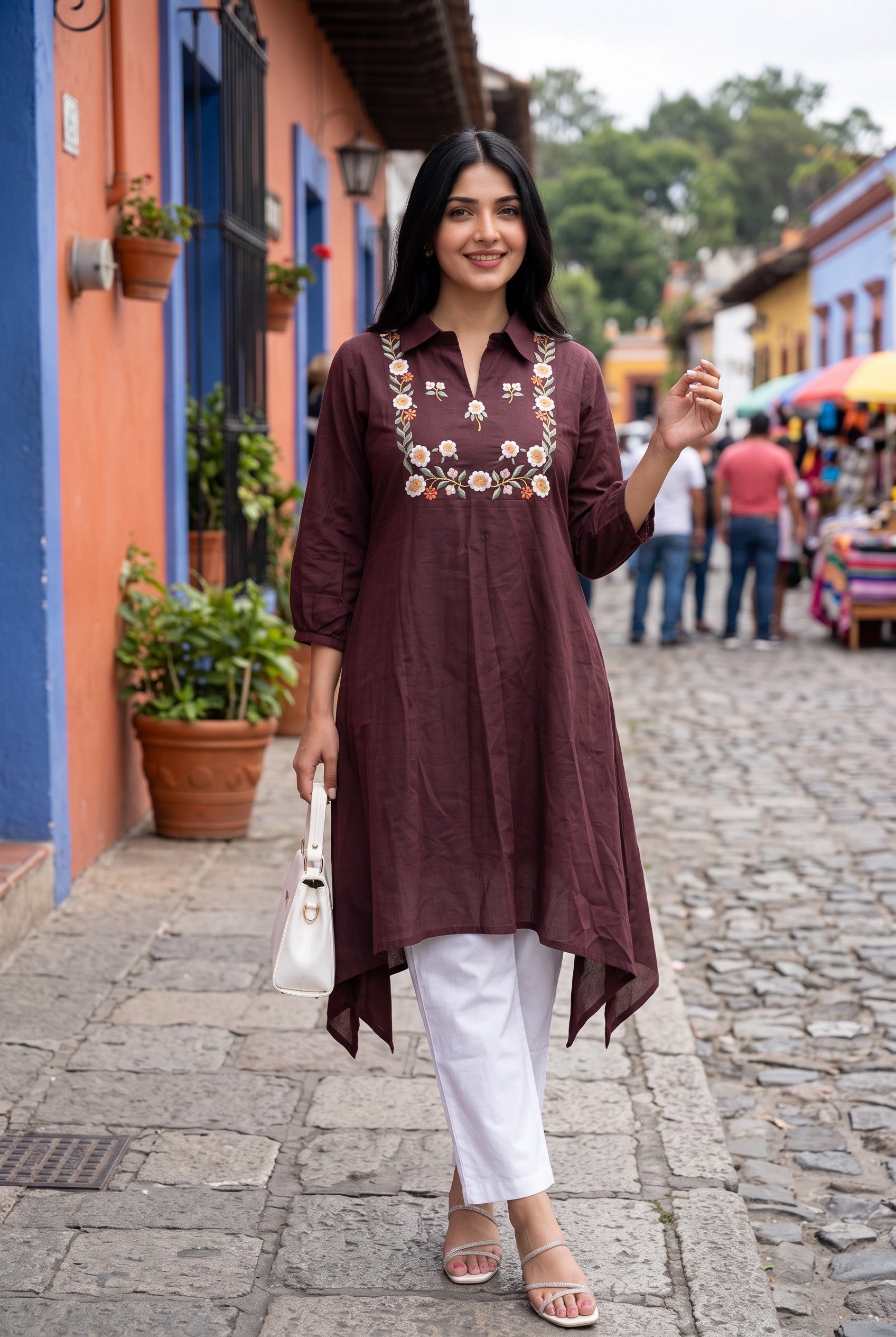 Chocolate Color Cotton Embroidered Kurta