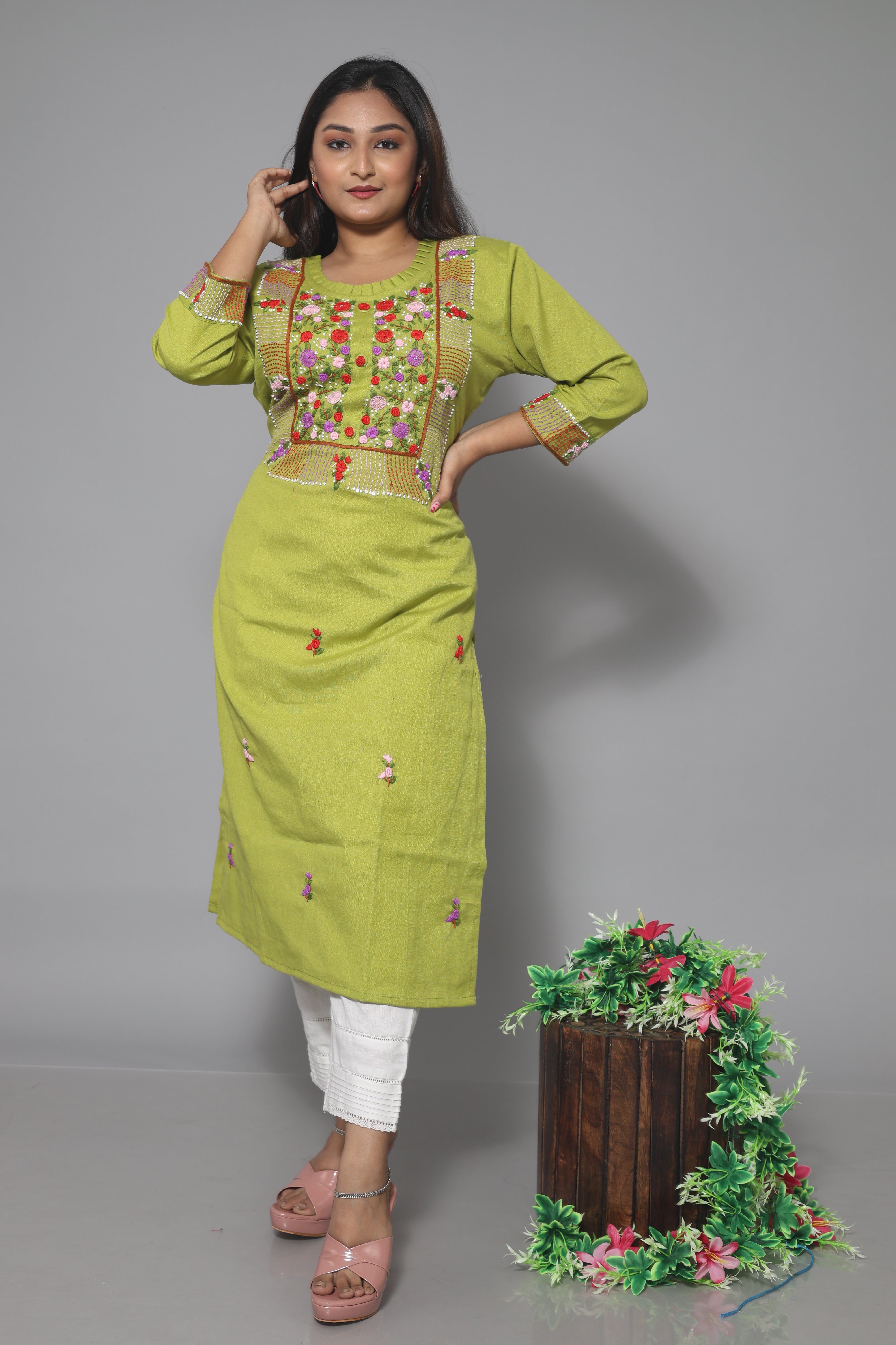 Green Cotton Handwork Kurta