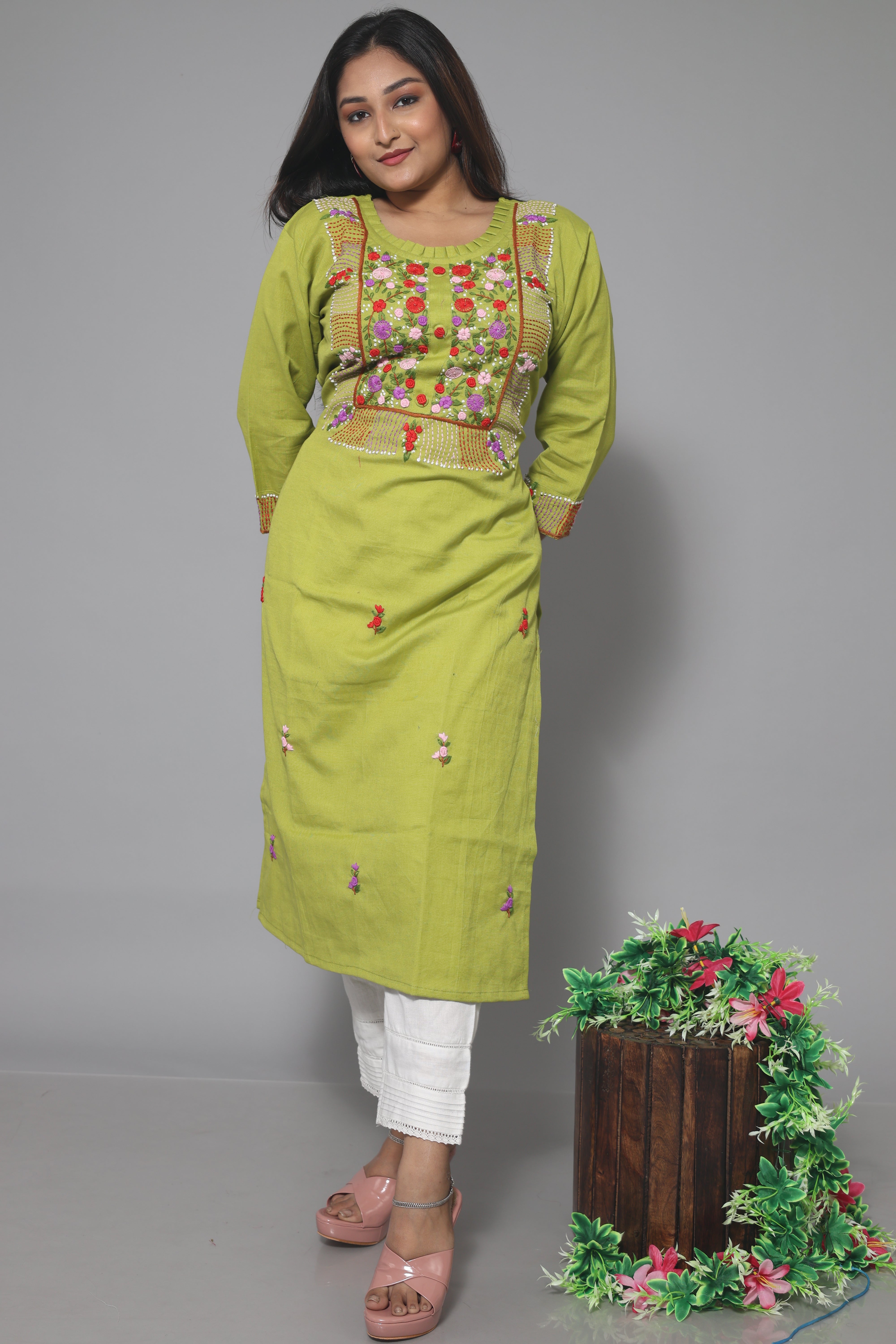 Green Cotton Handwork Kurta