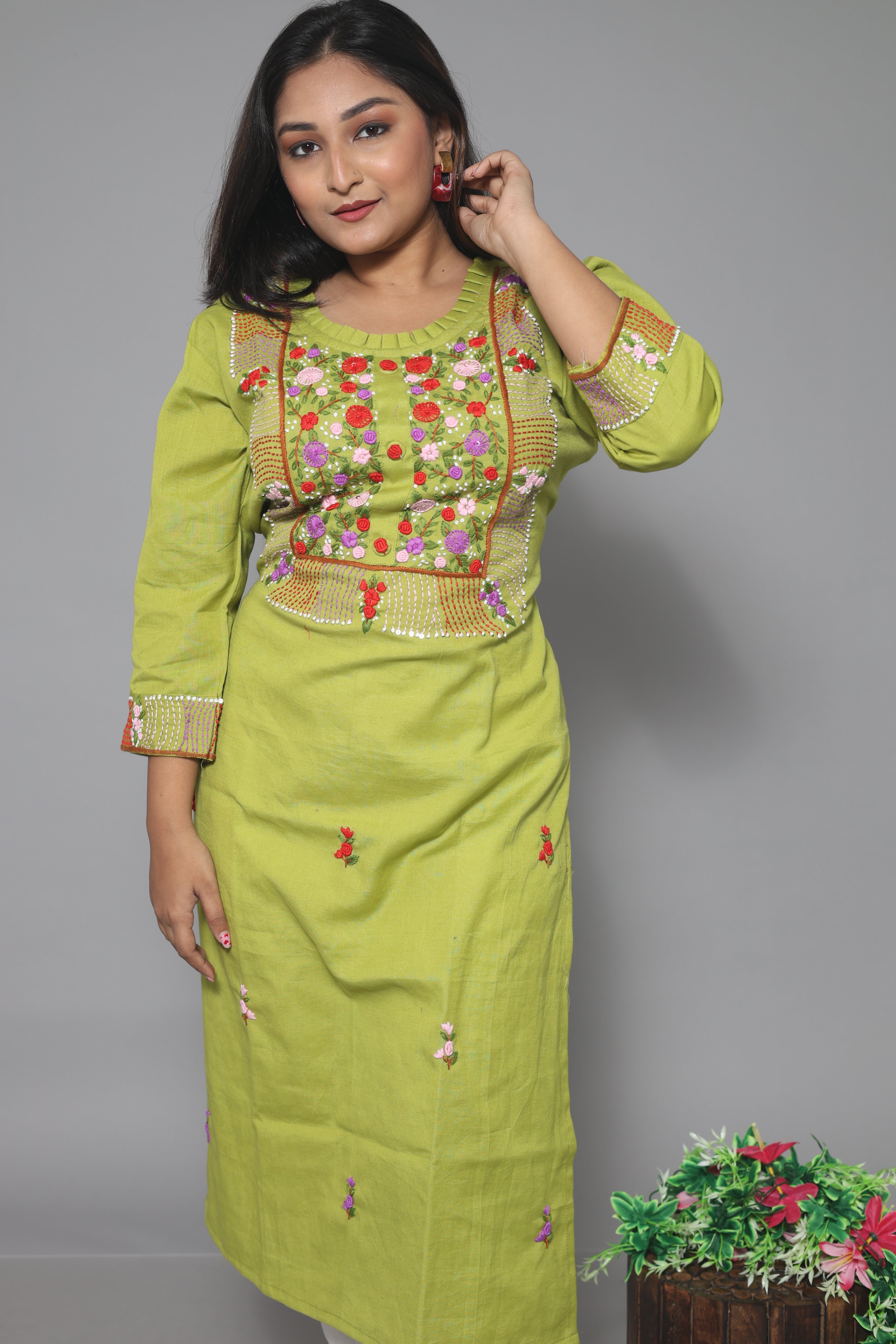 Green Cotton Handwork Kurta