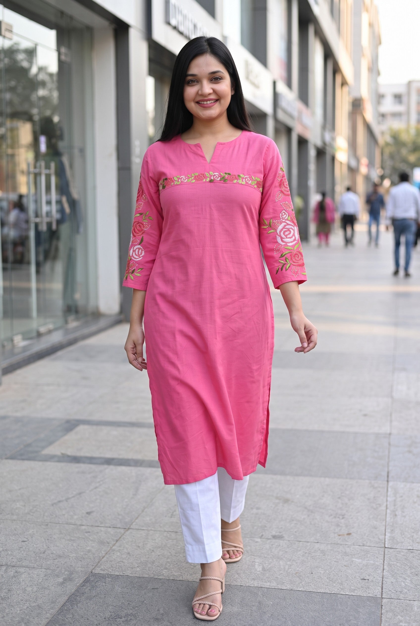 Pink Cotton Hand Emboidered Kurta