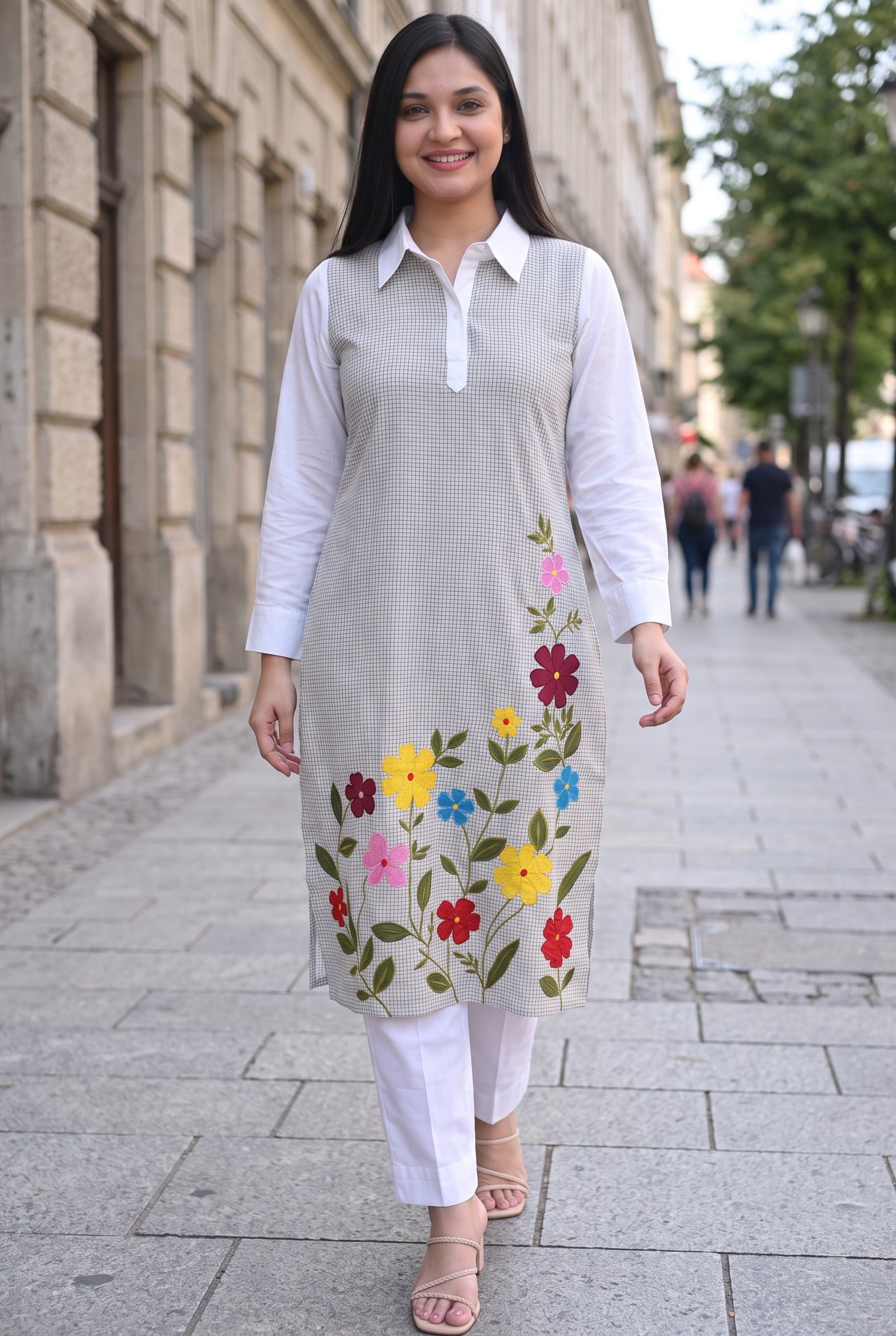 Applique Embroidered Check Cotton Kurta